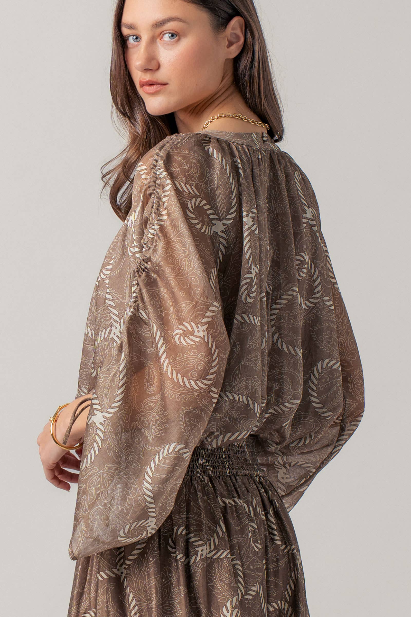 Rope Print Ruched Sleeve Blouse Linen Silk Blend