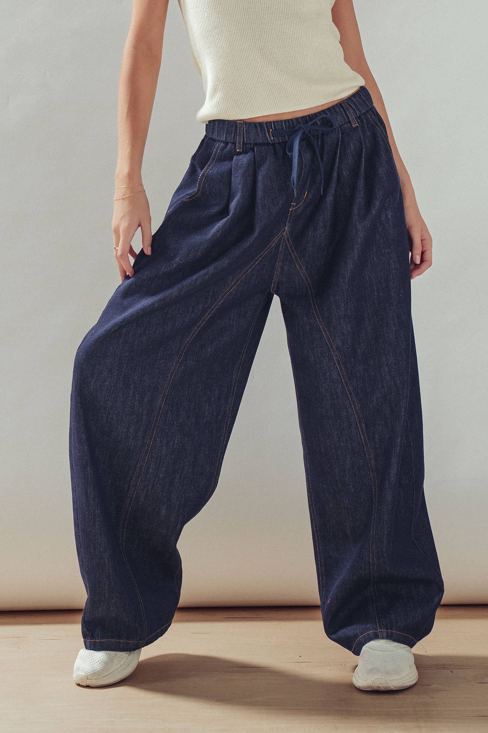 Drawstring Waist Dark Wash Barrel Leg Jeans