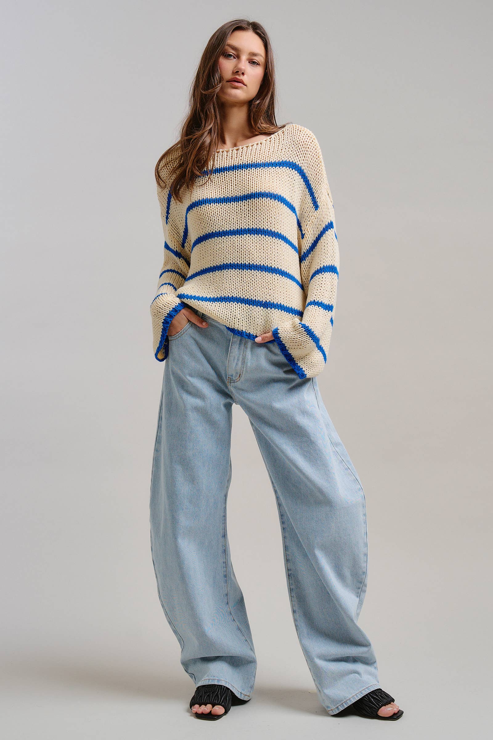 Nautical Striped Open Knit Slouchy Sweater