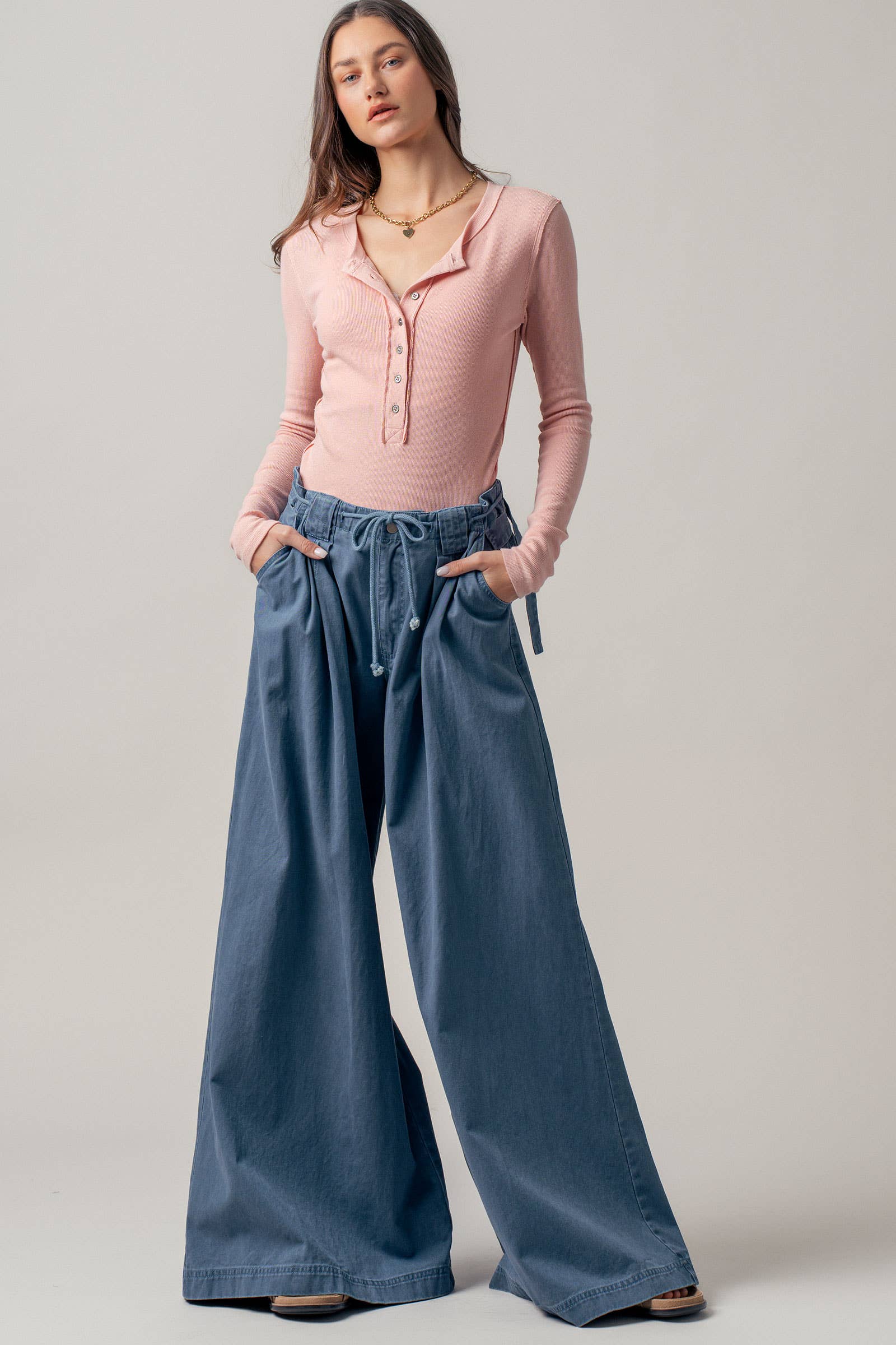 Wide-Leg Drawstring Denim Pants