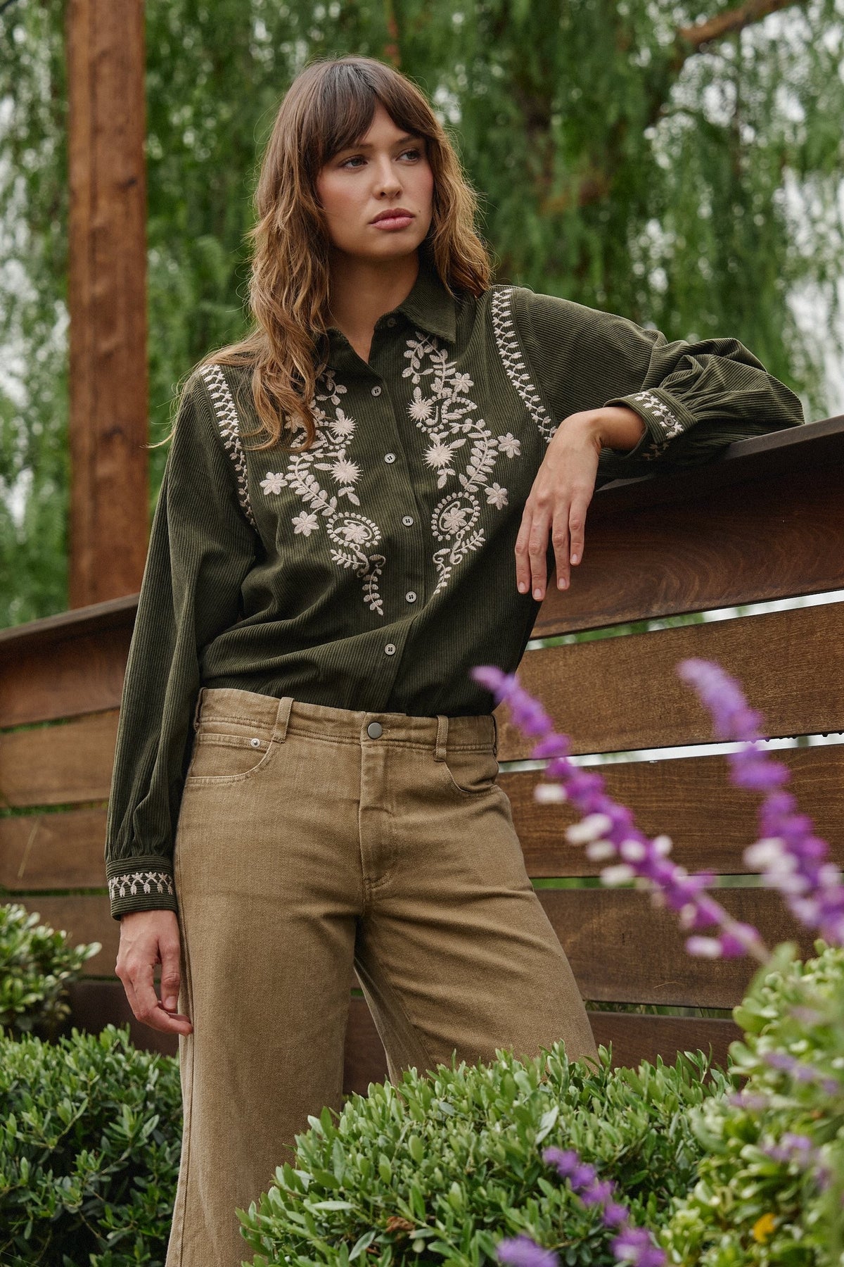 Embroidered Corduroy Western Shirt with Floral Stitch in OLIVE - Women's Shirts & Blouses | Urban Daizy