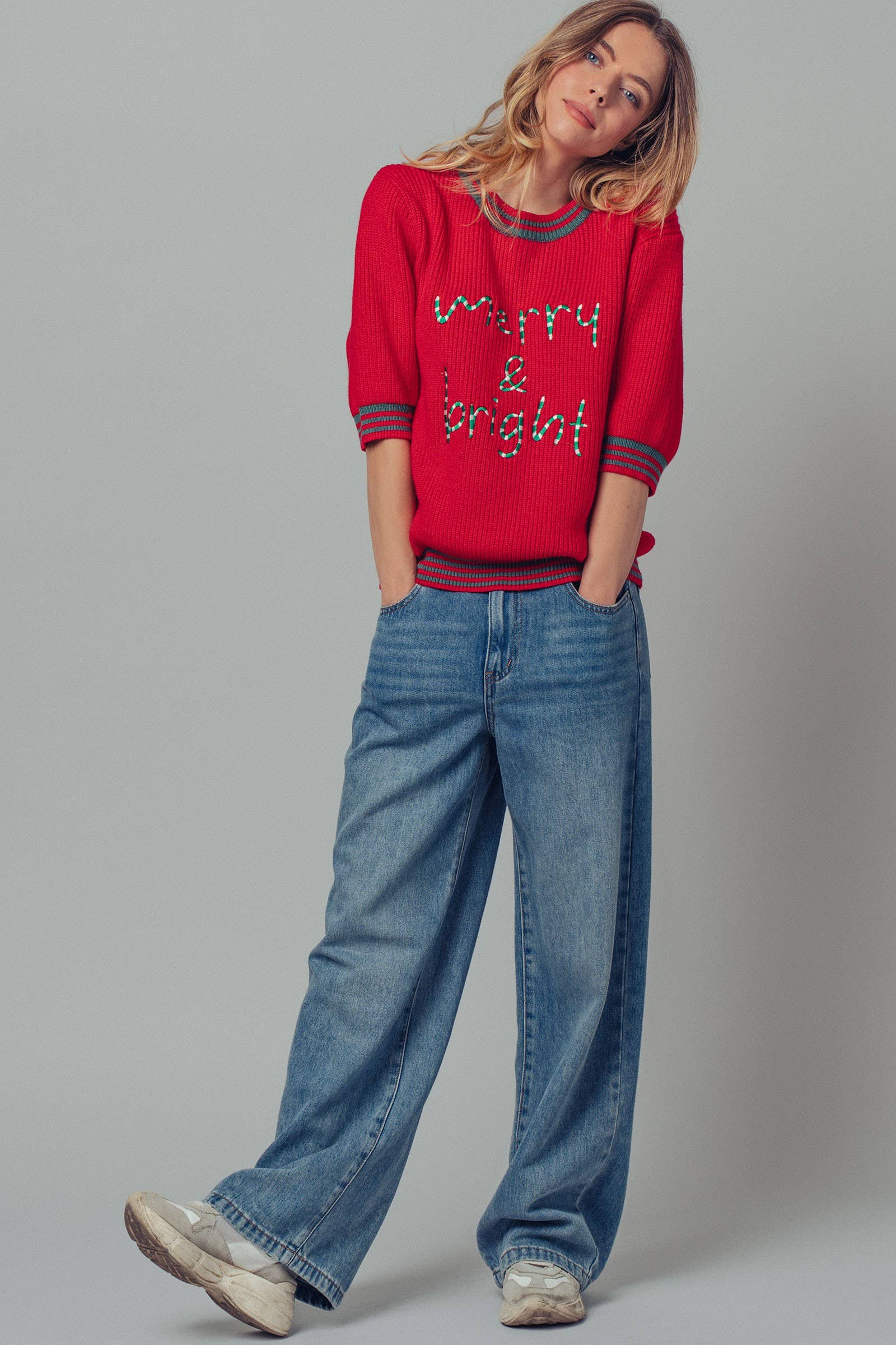 "Merry & Bright" Graphic Sweater with Striped Trim