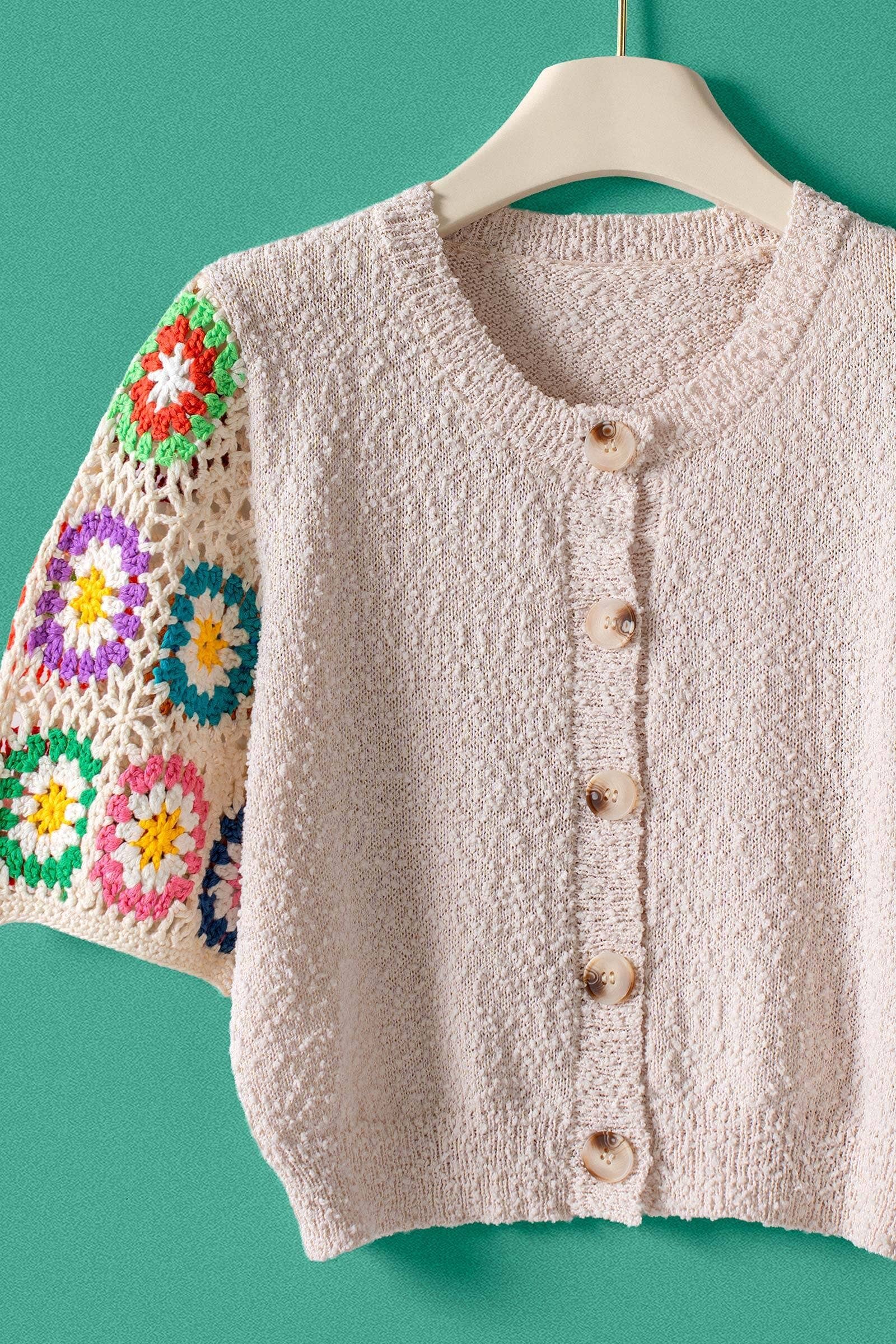 Urban Daizy Granny Square Crochet Sleeve Knit Button Cardigan Taupe Cardigan - Women's (UDZ-KN-01058) – alternate view 4