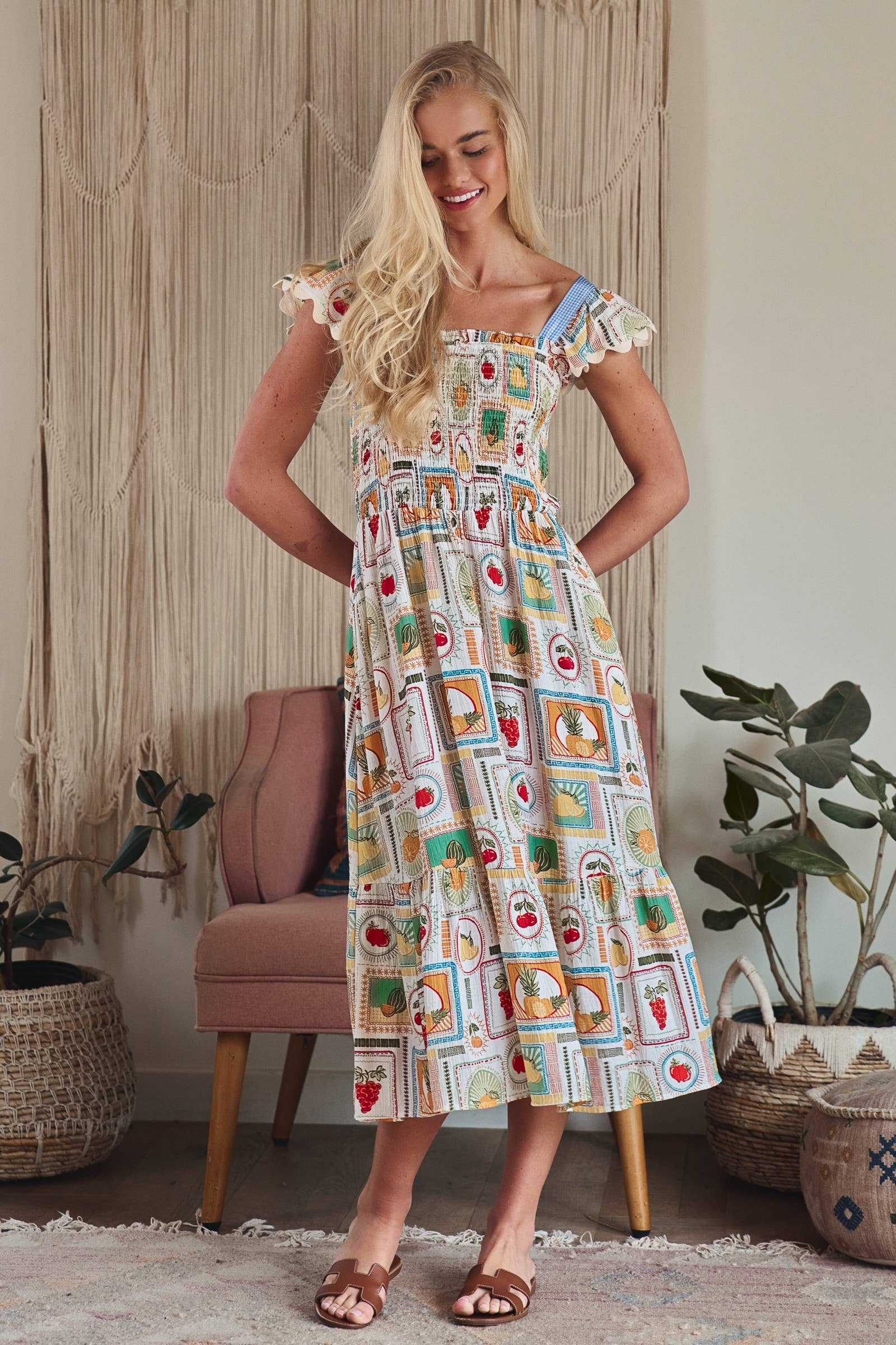 Novelty Stamp Print Smocked Midi Dress