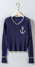 Urban Daizy Nautical Anchor V-Neck Knit Top Contrast Trim Navy Knit Top - Women's (UDZ-TP-01048)