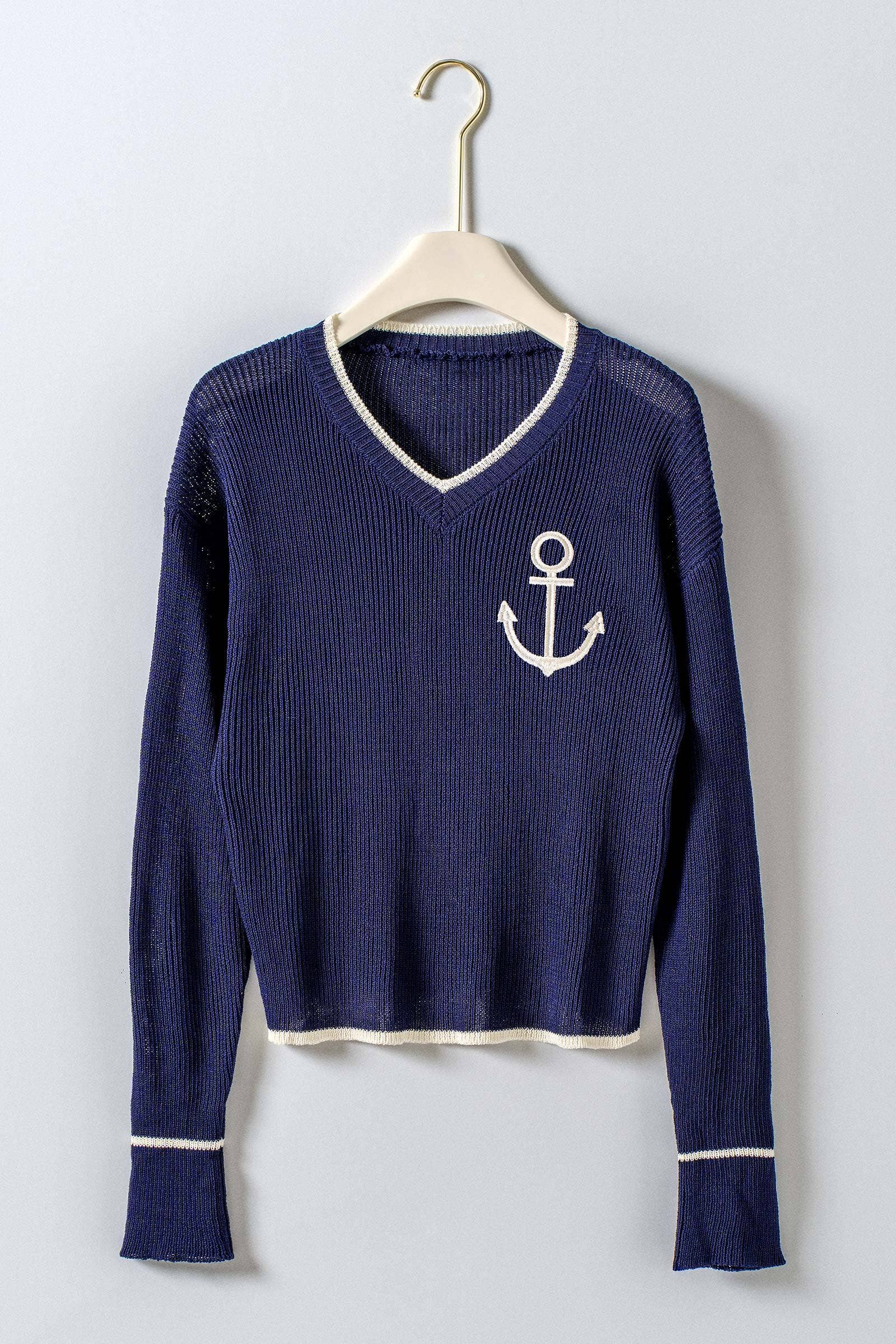 Urban Daizy Nautical Anchor V-Neck Knit Top Contrast Trim Navy Knit Top - Women's (UDZ-TP-01048)