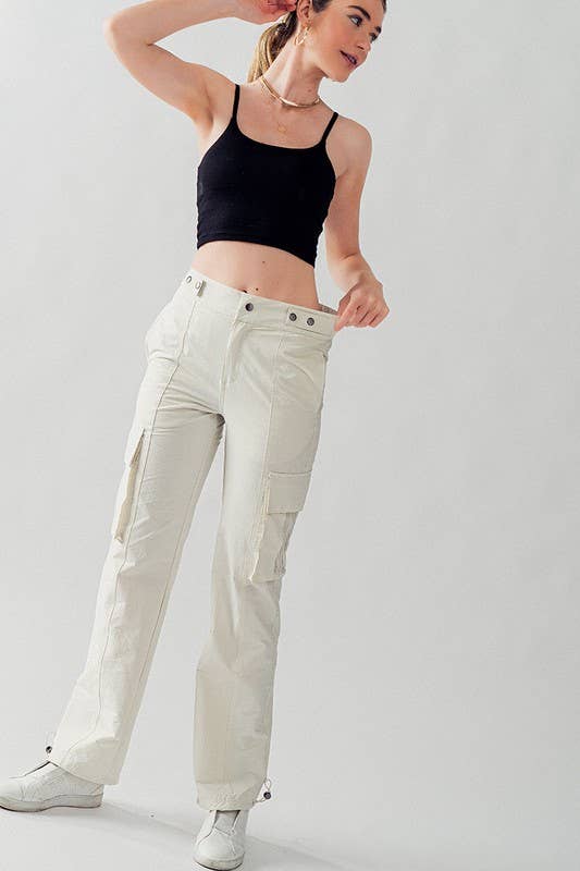 High Waist Mesh Pocket Elastic Cuff Adjustable Cargo Pants