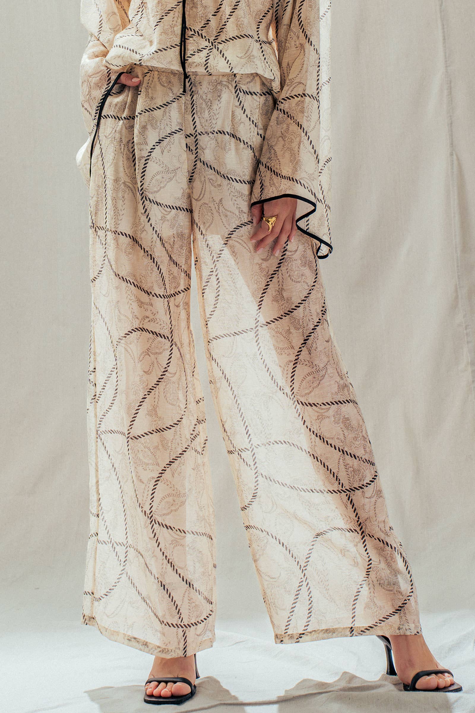 Urban Daizy Nautical Rope Print Wide Leg Tencel Linen Pants Ivory Pants - Women's (UDPT0166-Ivory) – alternate view 2