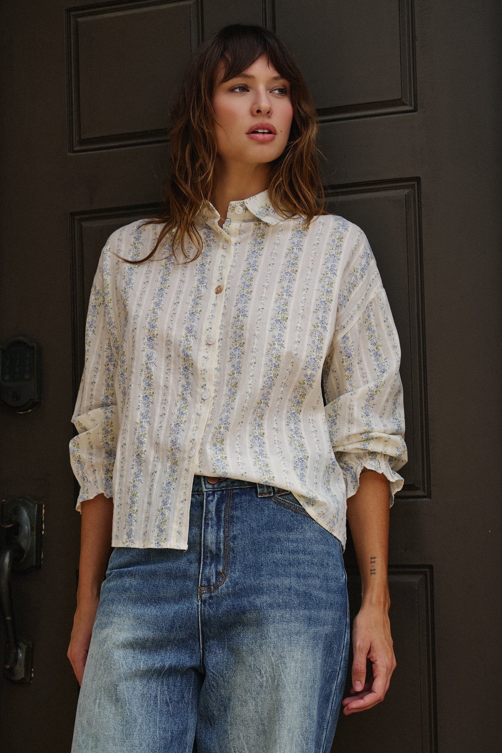 Blossom Whisper Stripe Button-Down Blouse in CREAM - Women's Shirts & Blouses | Urban Daizy
