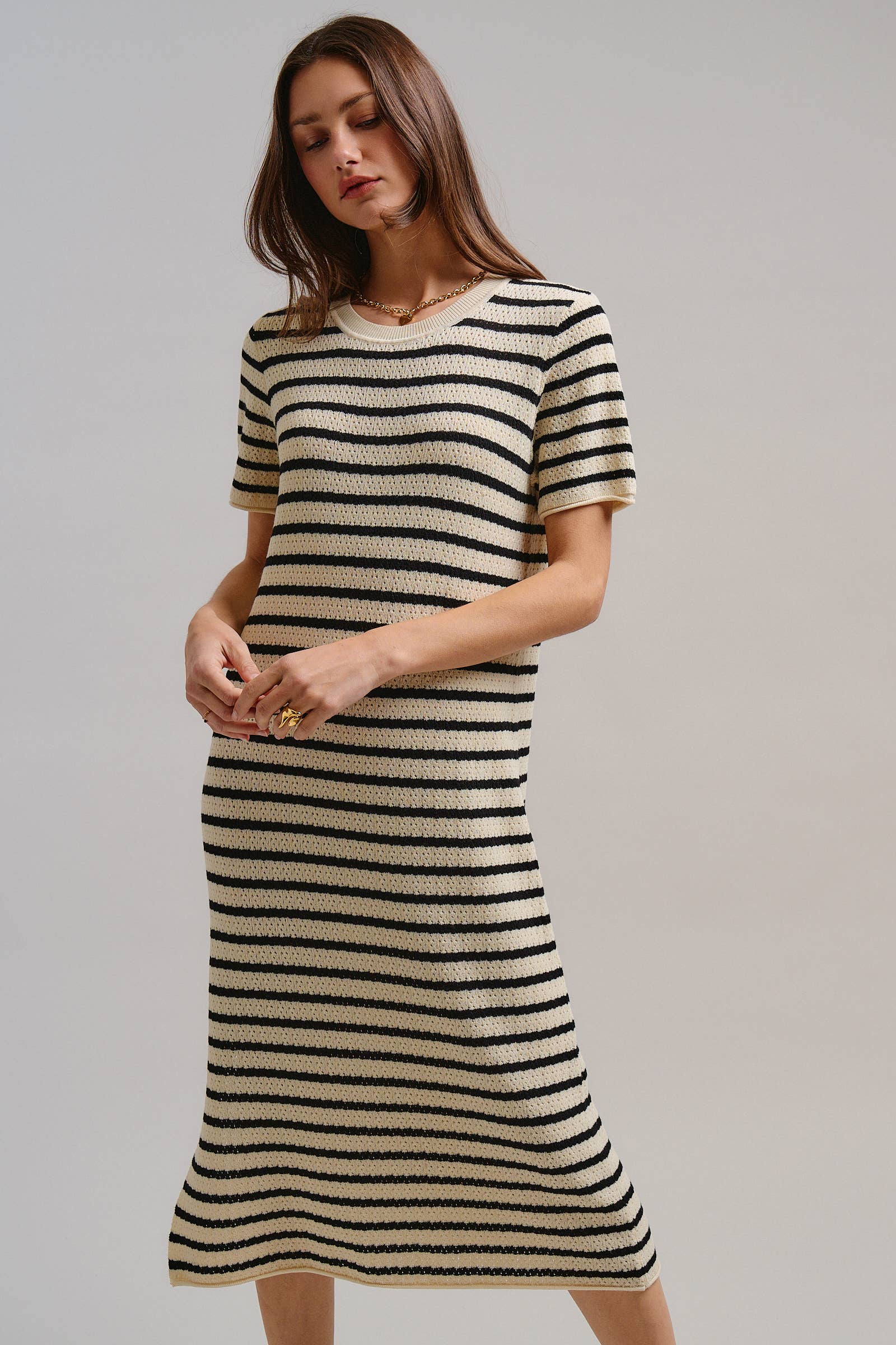 Striped Crochet Knit Short Sleeve Midi Dress