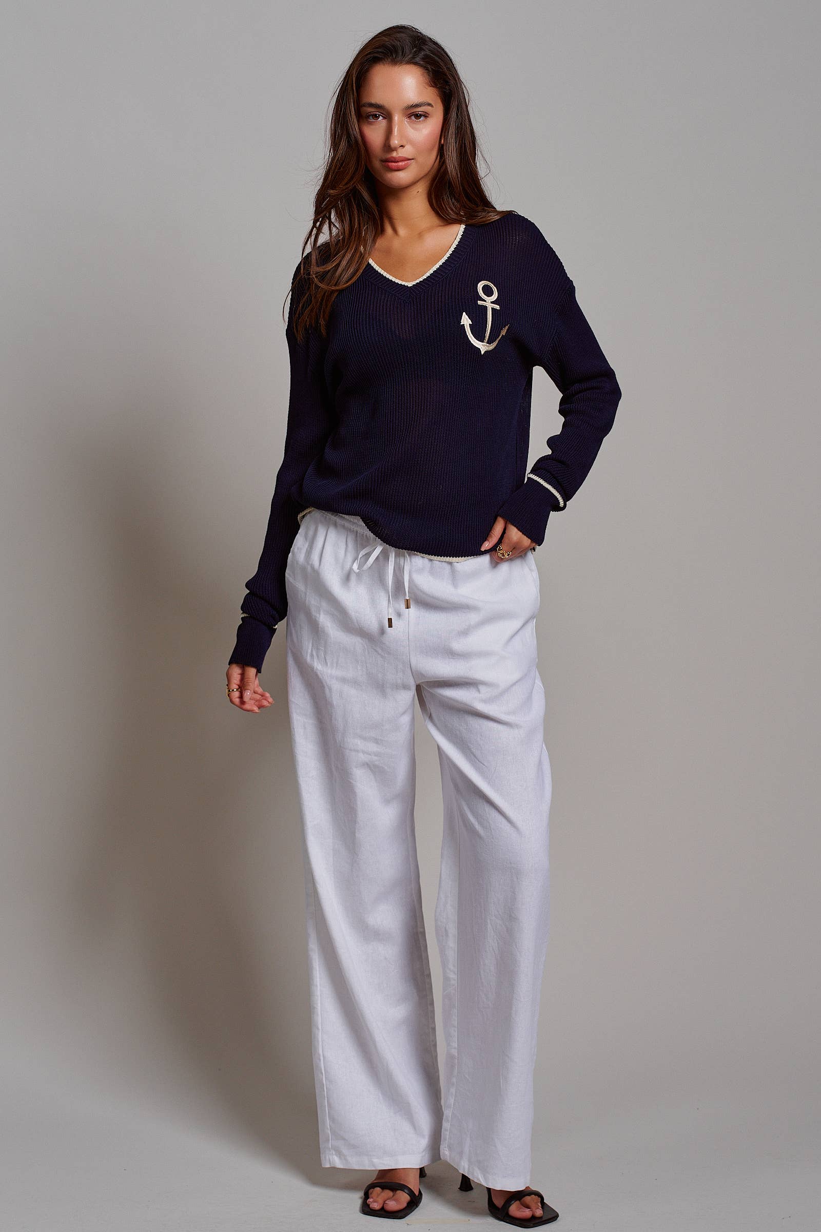 Nautical Anchor V-Neck Knit Top Contrast Trim