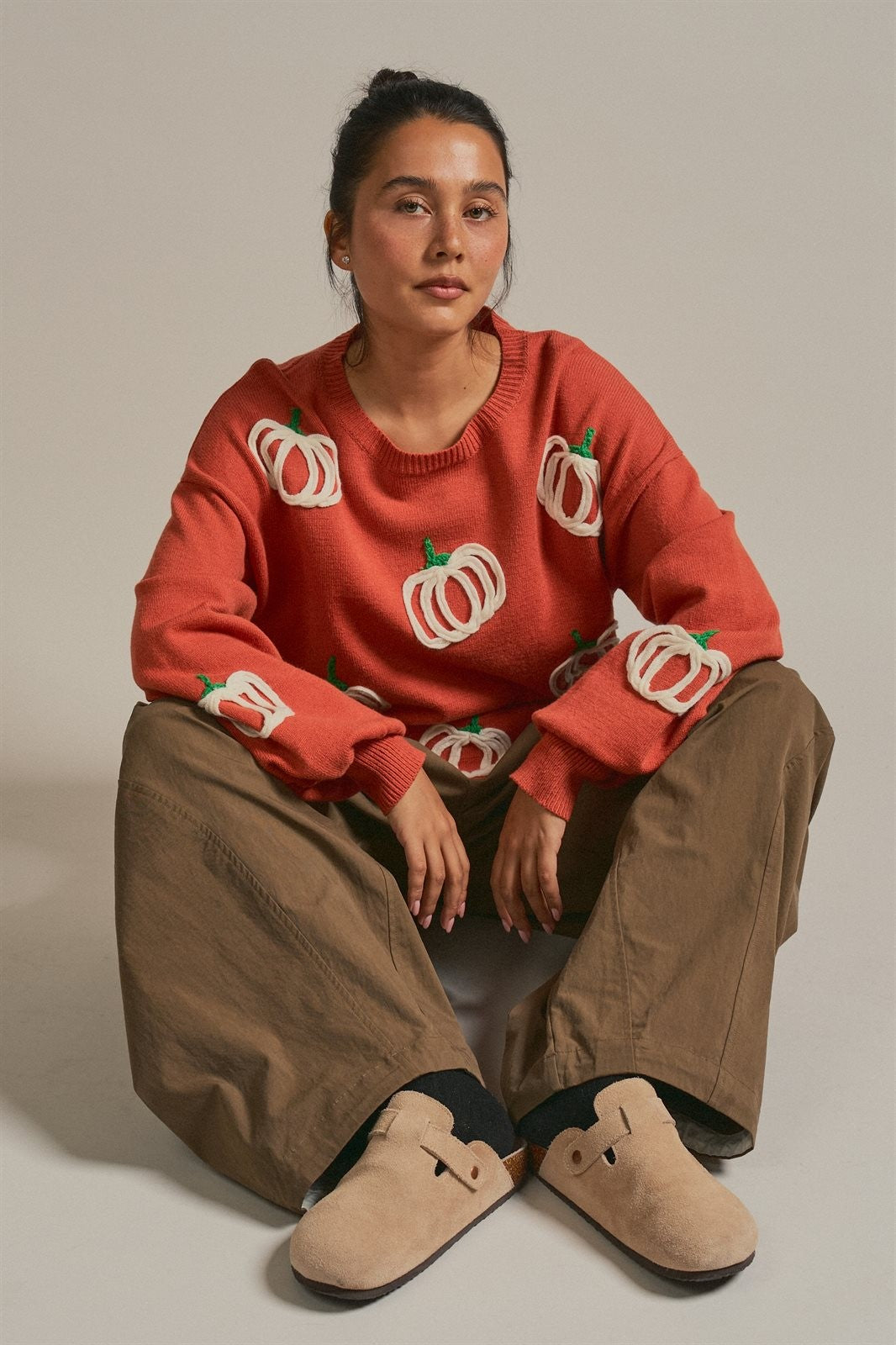 Pumpkin Embroidered Crew Neck Sweater in RUST - Women's Sweaters | Urban Daizy