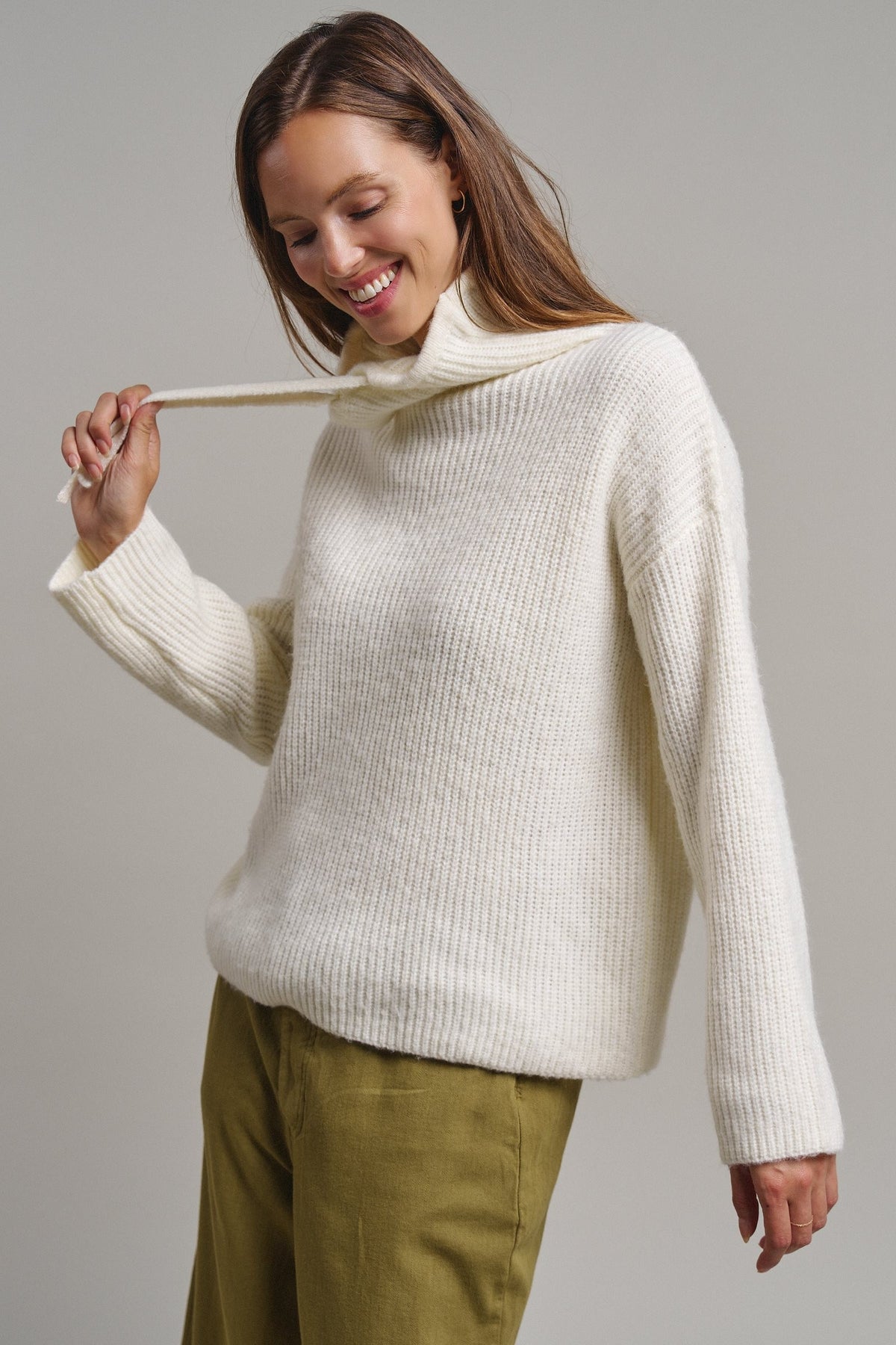 Ribbed Funnel Neck Knit Sweater in IVORY - Women's Sweaters | Urban Daizy