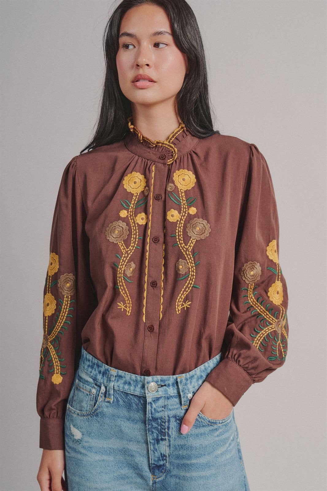 Embroidered Ruffle Neck Blouse in Western Folk Style in BROWN - Women's Shirts & Blouses | Urban Daizy