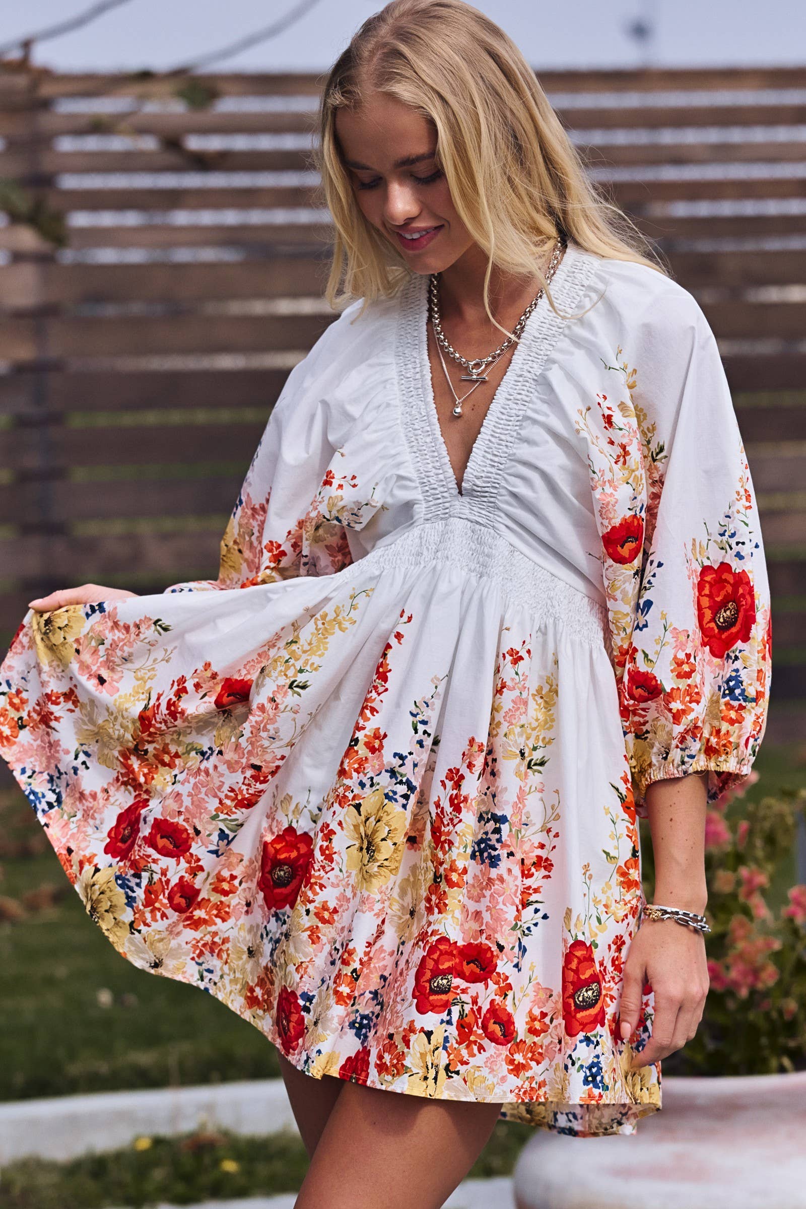 Urban Daizy Floral Print Smocked Cotton Mini Dress Ivory-Multi Dress - Women's (UDZ-DR-00481)