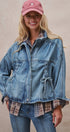 Vintage Washed Drawstring Denim Jacket with Stand Collar in DENIM - Women's Denim Jackets | Urban Daizy