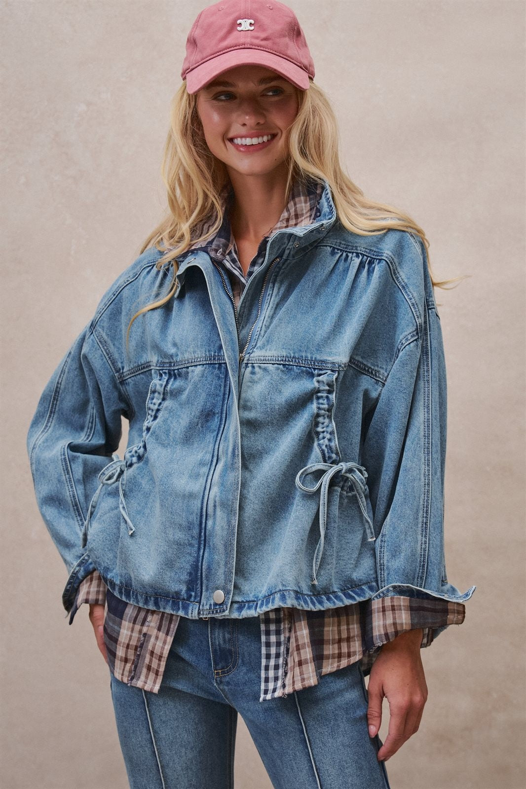 Vintage Washed Drawstring Denim Jacket with Stand Collar in DENIM - Women's Denim Jackets | Urban Daizy