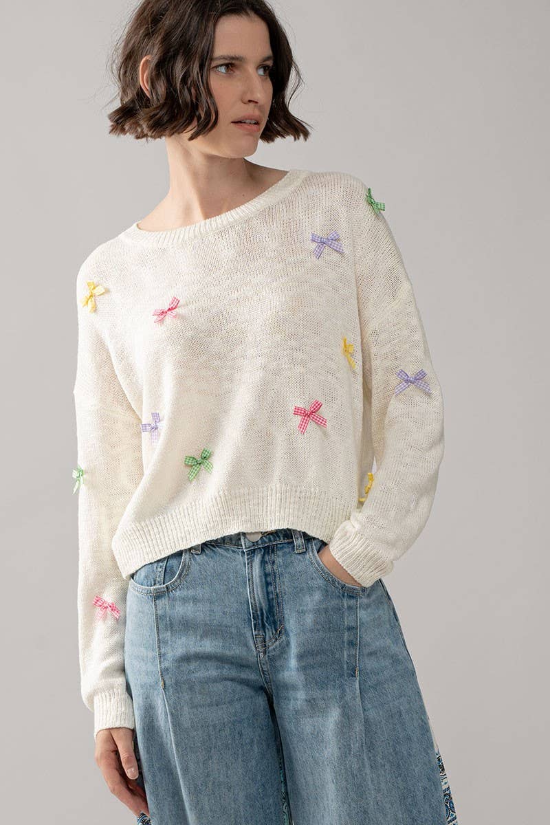 Urban Daizy Multicolor Gingham Bow Crew Neck Knit Sweater Ivory Knit Sweater - Women's (UDZ-KN-00057)