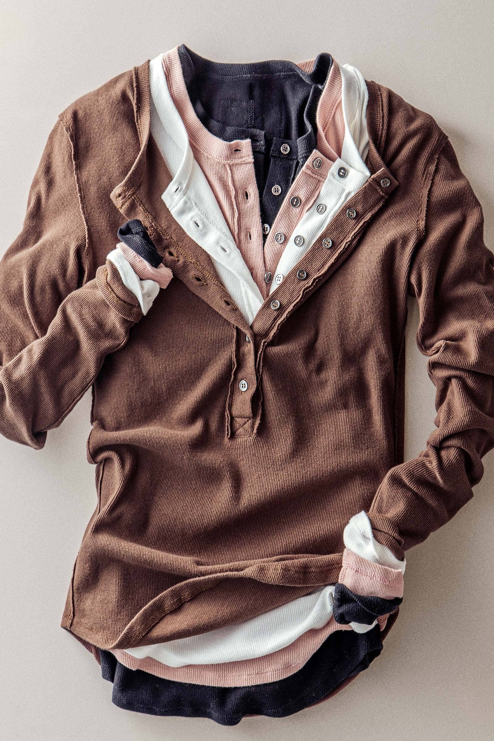 Ribbed Henley Long Sleeve Top