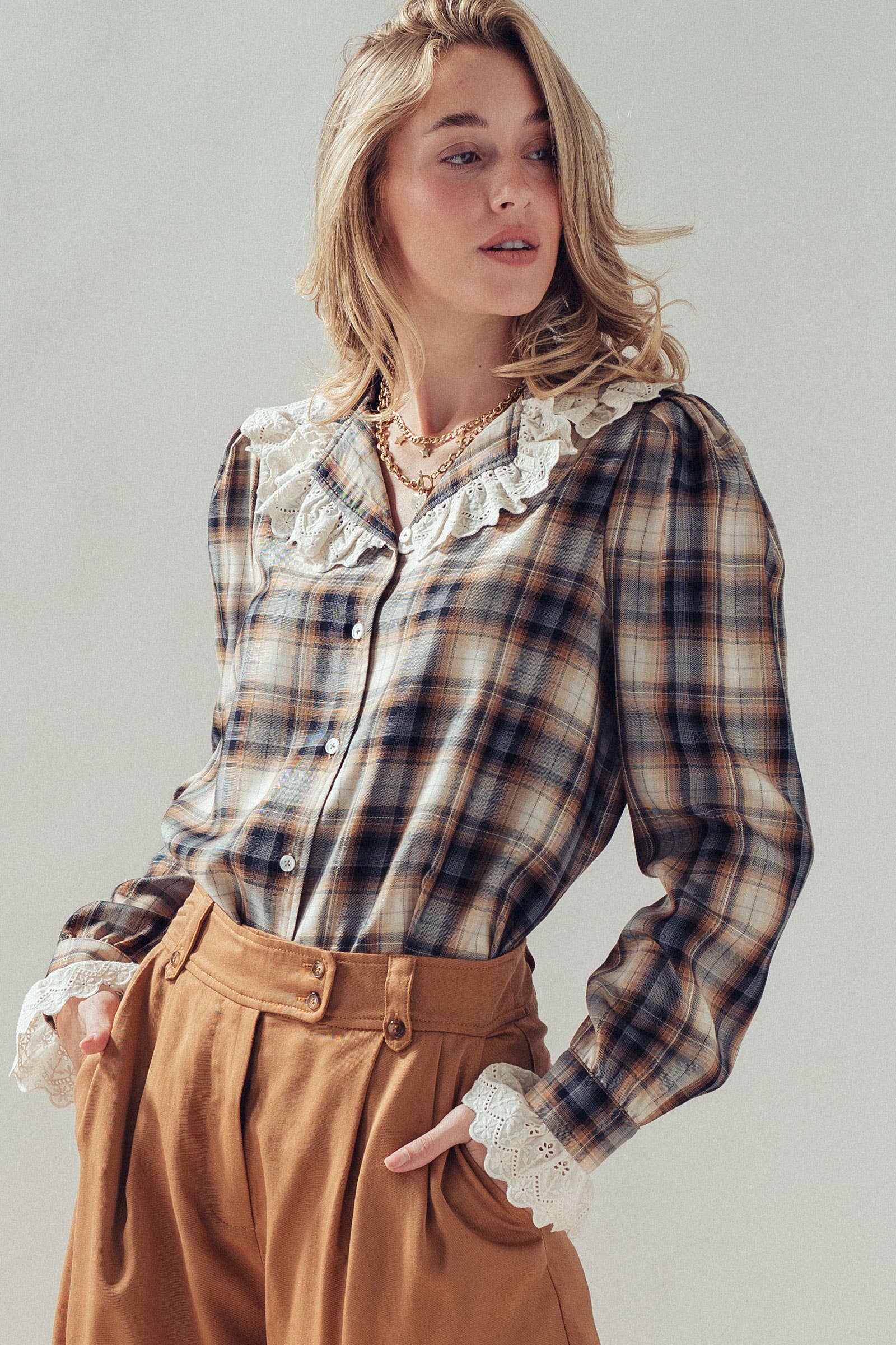 Tencel Plaid Blouse With Eyelet Lace Collar