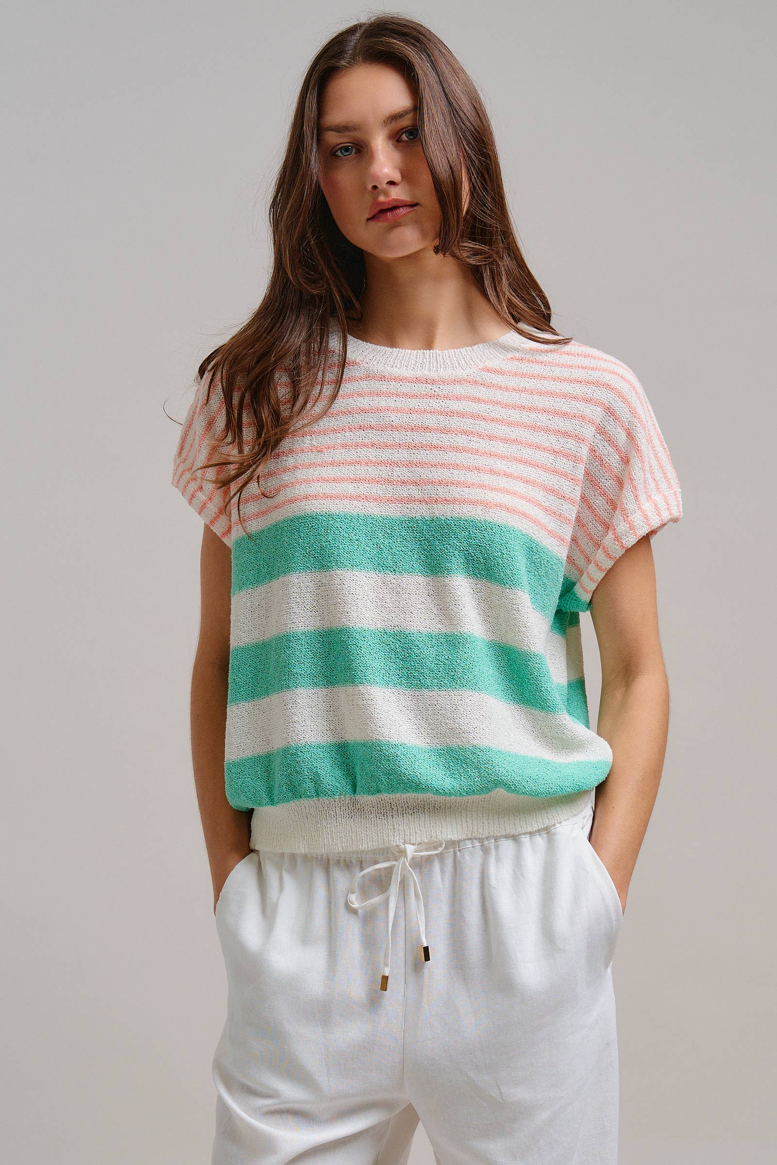 Urban Daizy Retro Striped Textured Knit Sweater Tee Mint Knit Sweater - Women's (TNTP4000-Mint) – alternate view 2