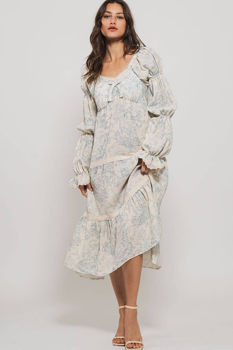 Off Shoulder Tiered Lace Trim Puff Sleeve Midi Dres