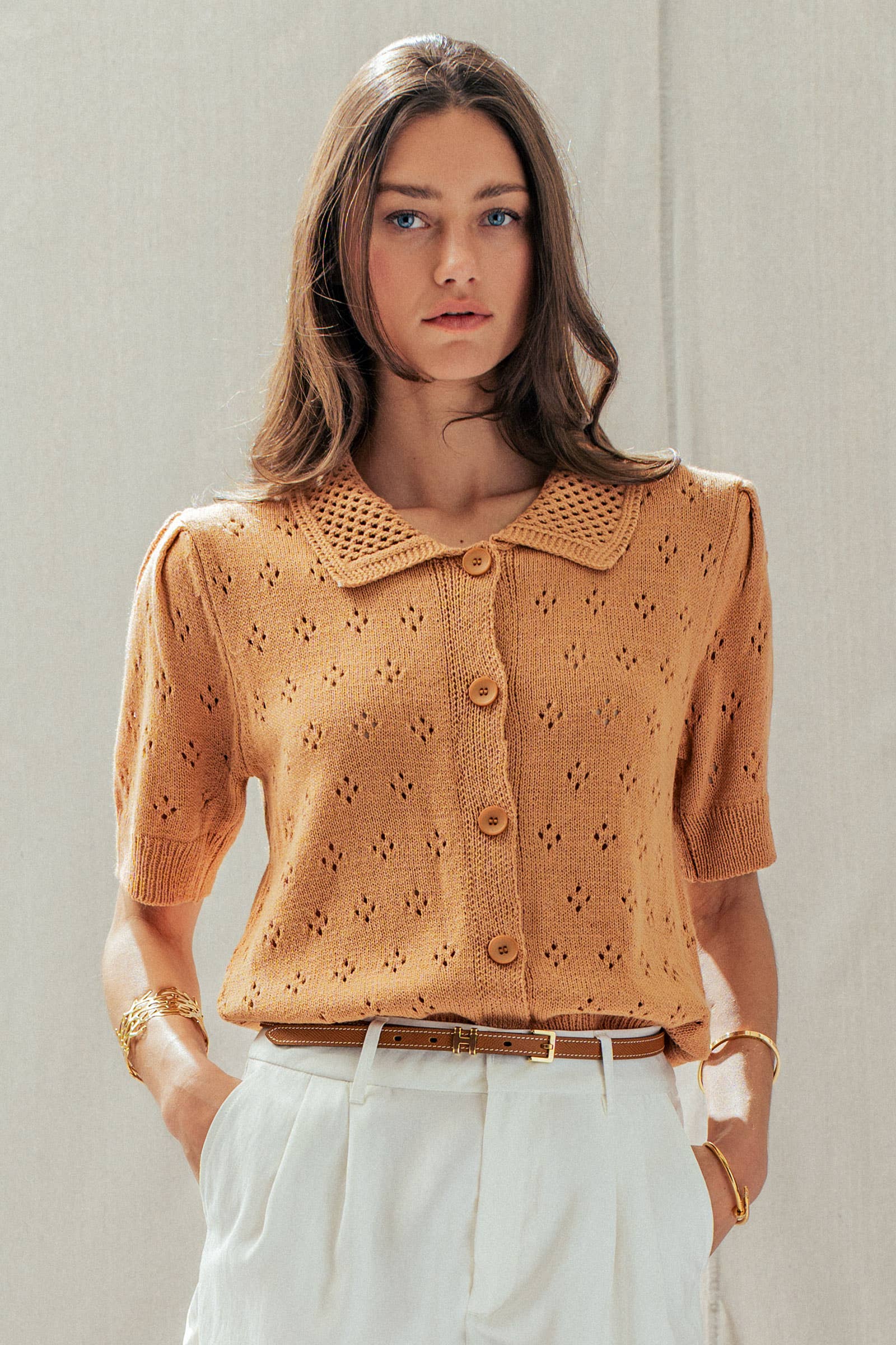 Urban Daizy Pointelle Knit Puff Sleeve Collared Cardigan Warm-Camel Cardigan - Women's (UDSW0345-Warm-Camel)