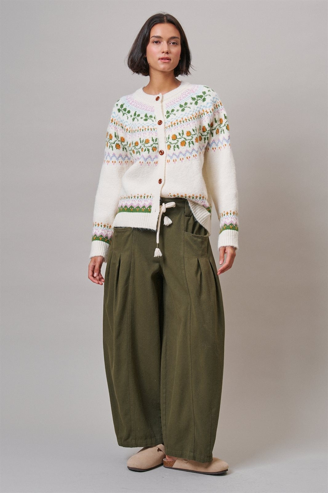 Pleated Wide-Leg Barrel Pant with Drawstring in OLIVE - Women's Casual Pants | Urban Daizy