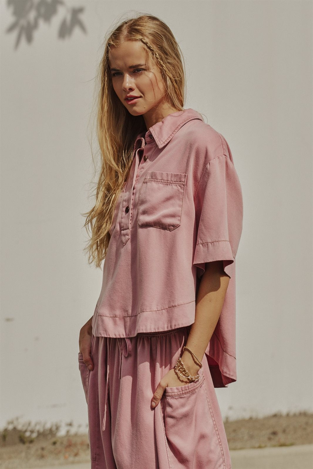 Washed Utility Half-Placket Cropped Shirt in PINK - Women's Shirts & Blouses | Urban Daizy