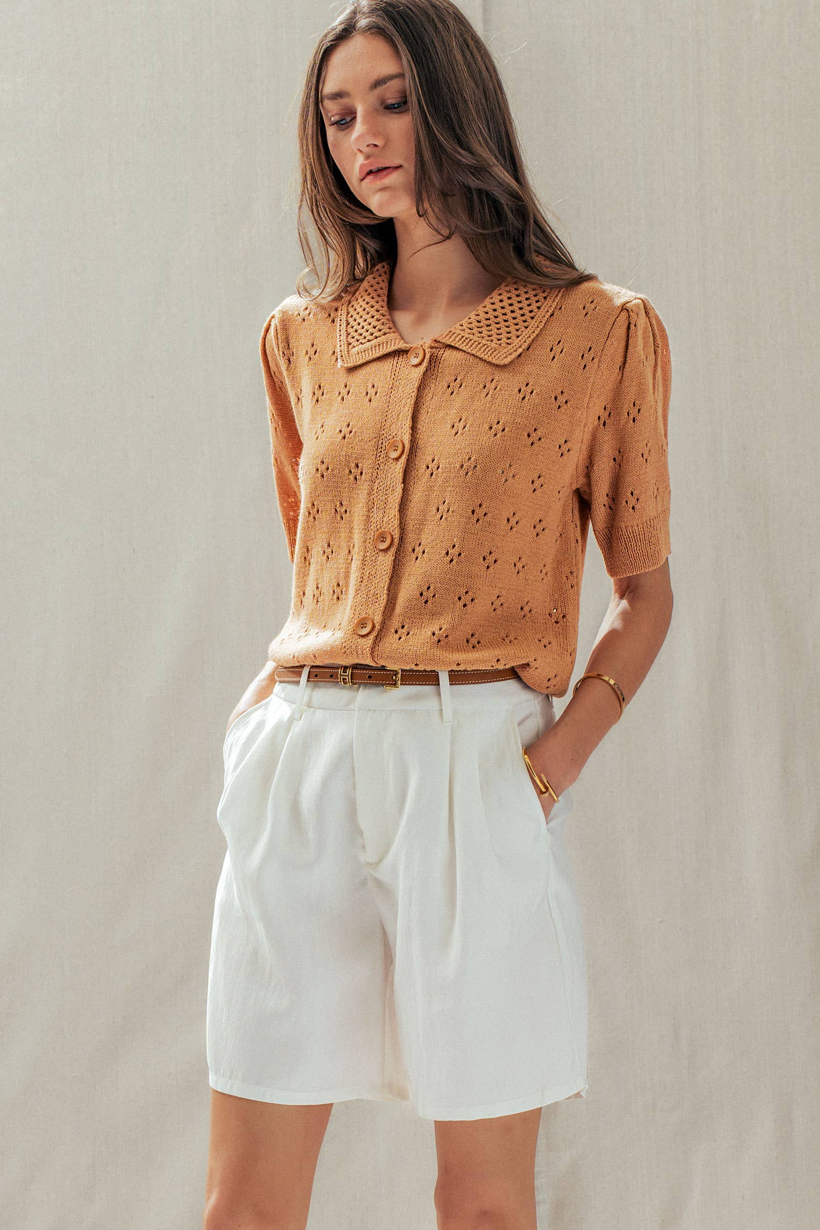 Urban Daizy Pointelle Knit Puff Sleeve Collared Cardigan Warm-Camel Cardigan - Women's (UDSW0345-Warm-Camel) – alternate view 4