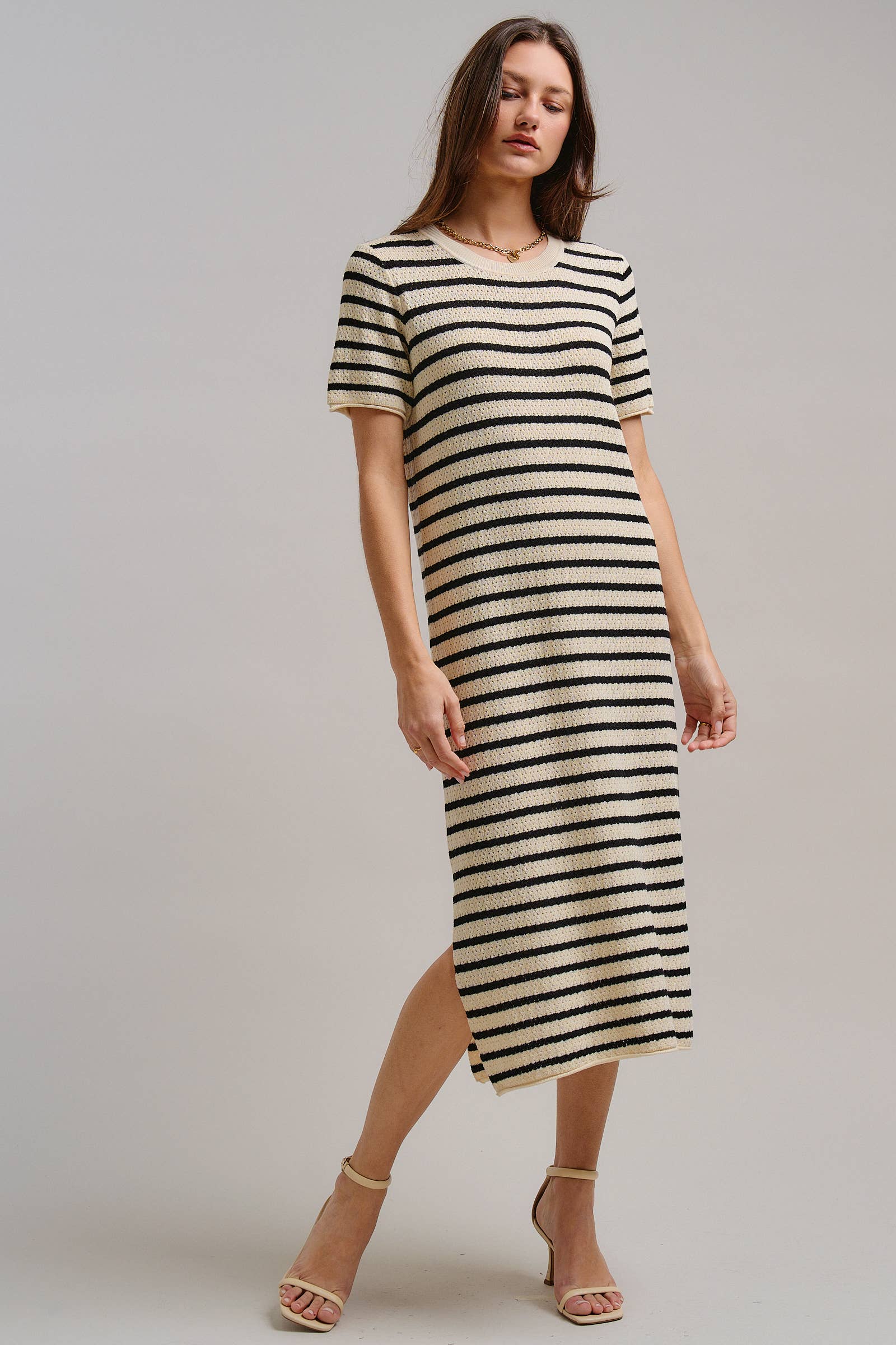 Striped Crochet Knit Short Sleeve Midi Dress
