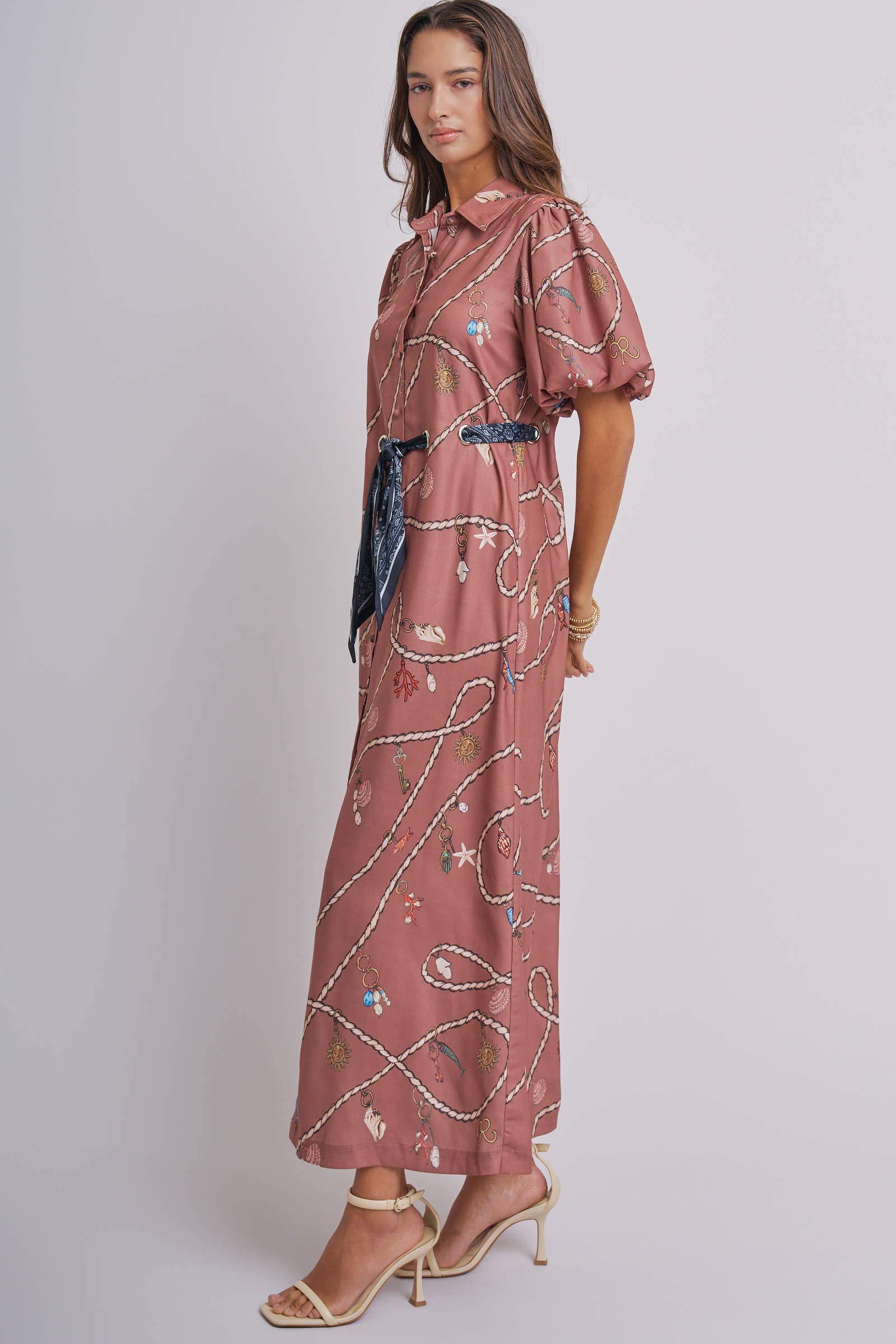 Nautical Motif Puff Sleeve Shirt Dress