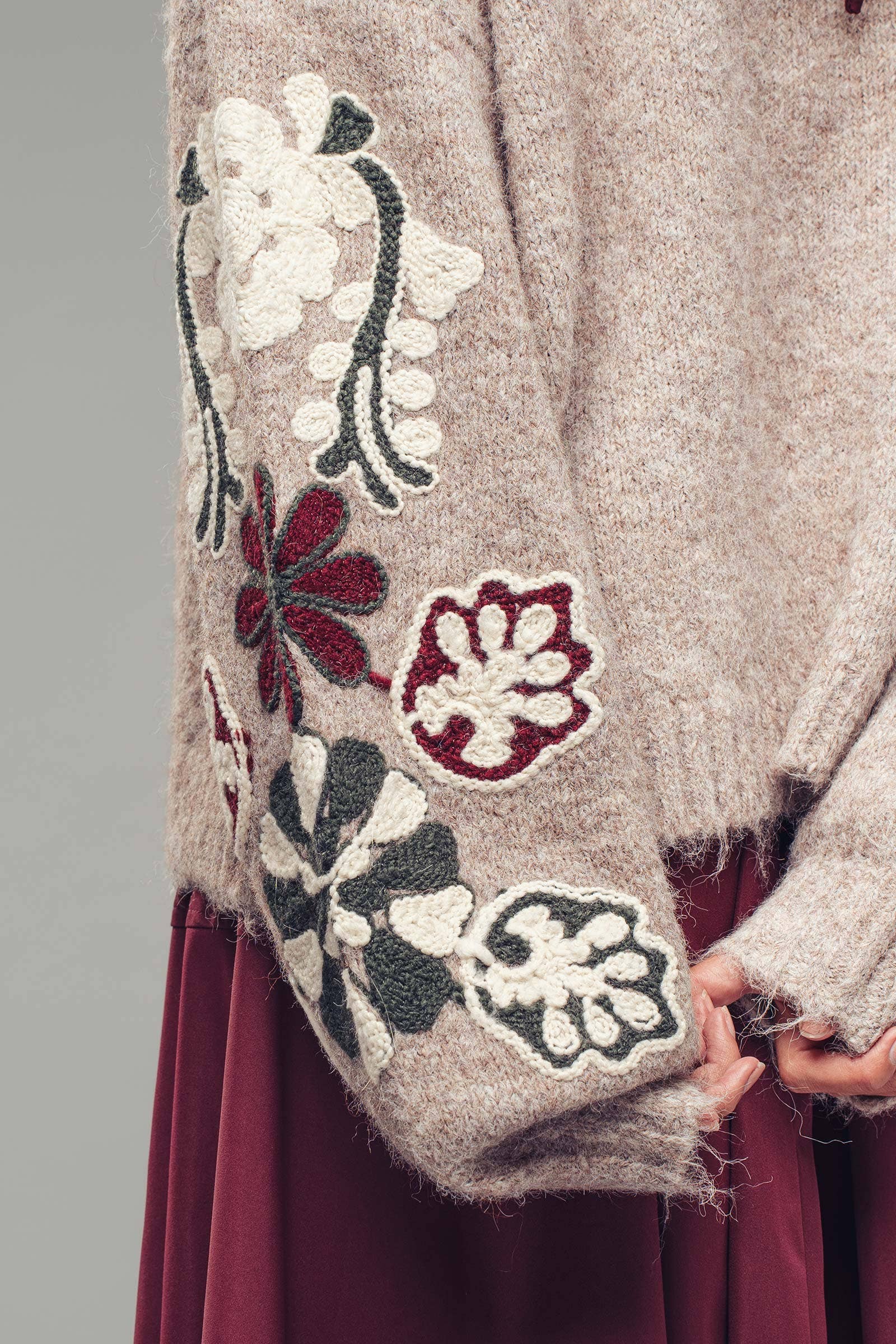 Floral Embroidered Sleeve Knit Sweater