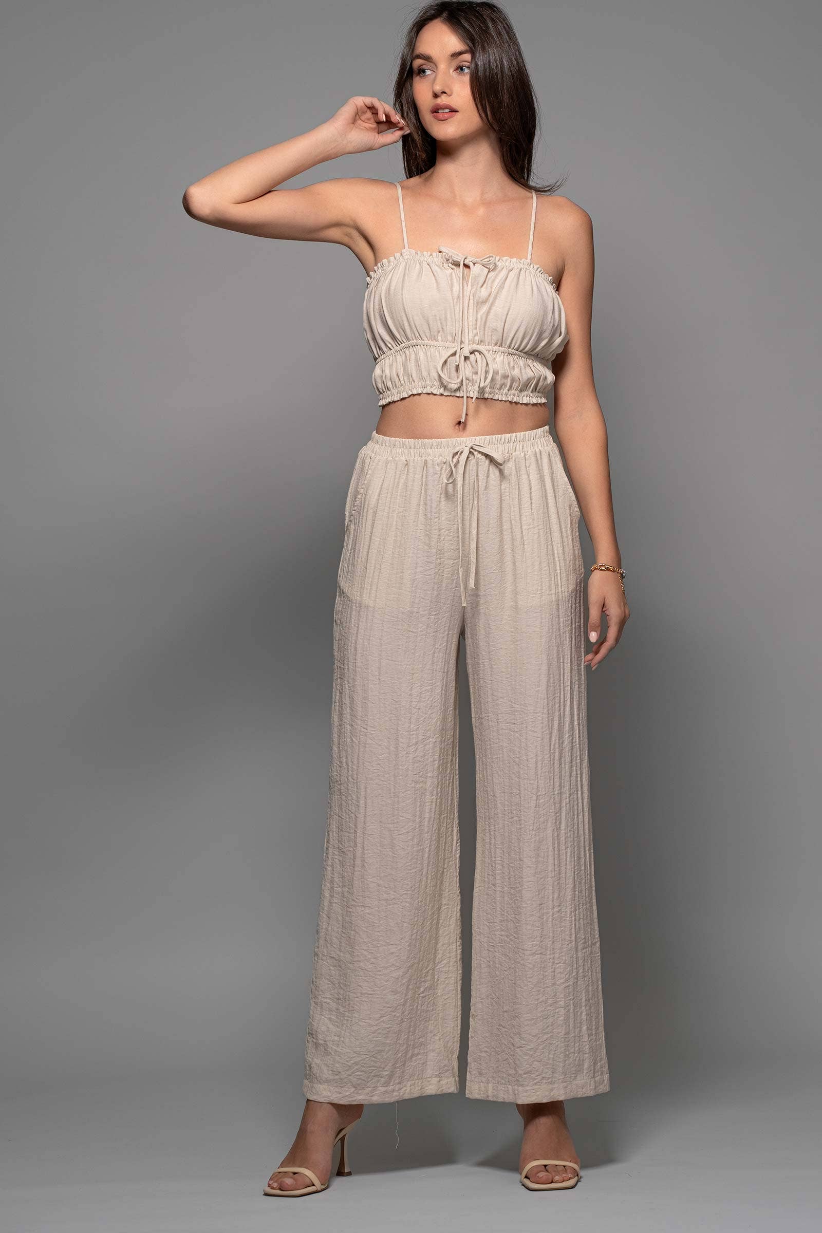 Linen-Blend Smocked Crop Top and Wide-Leg Pants Set