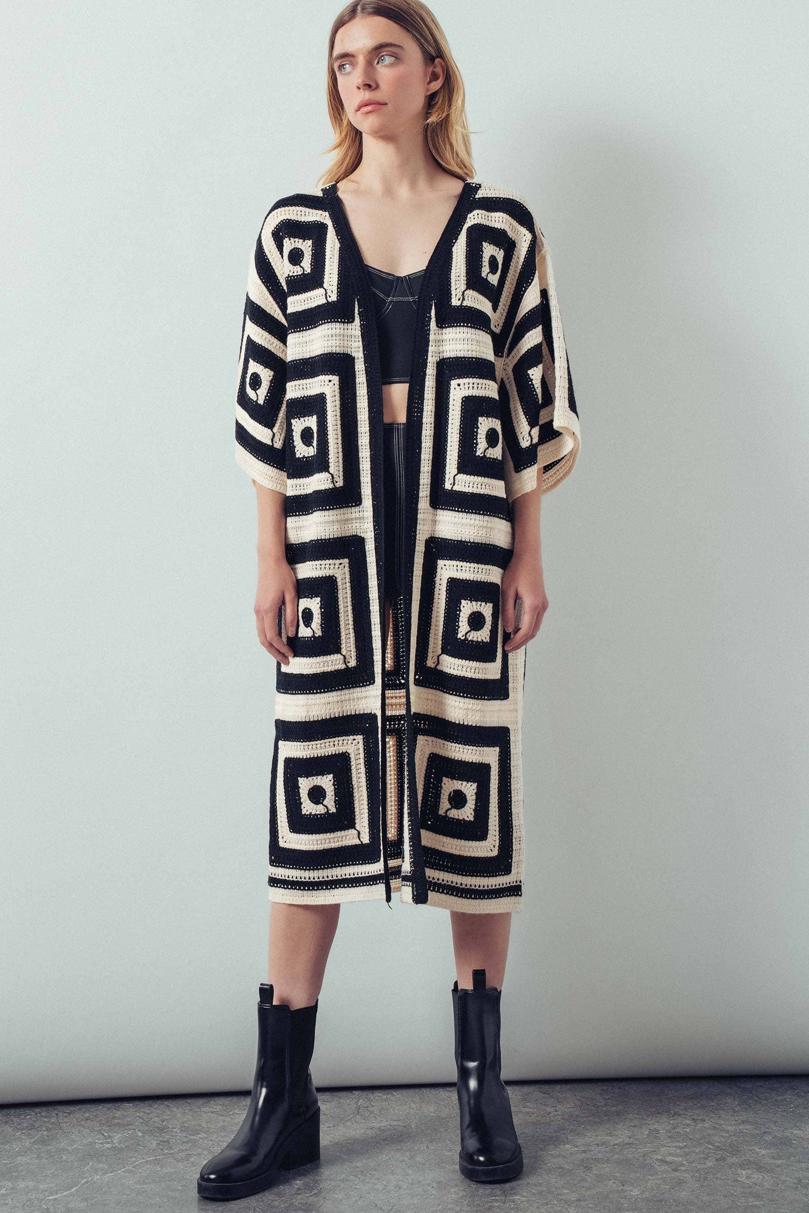 Geometric Granny Square Crochet Open Front Cardigan