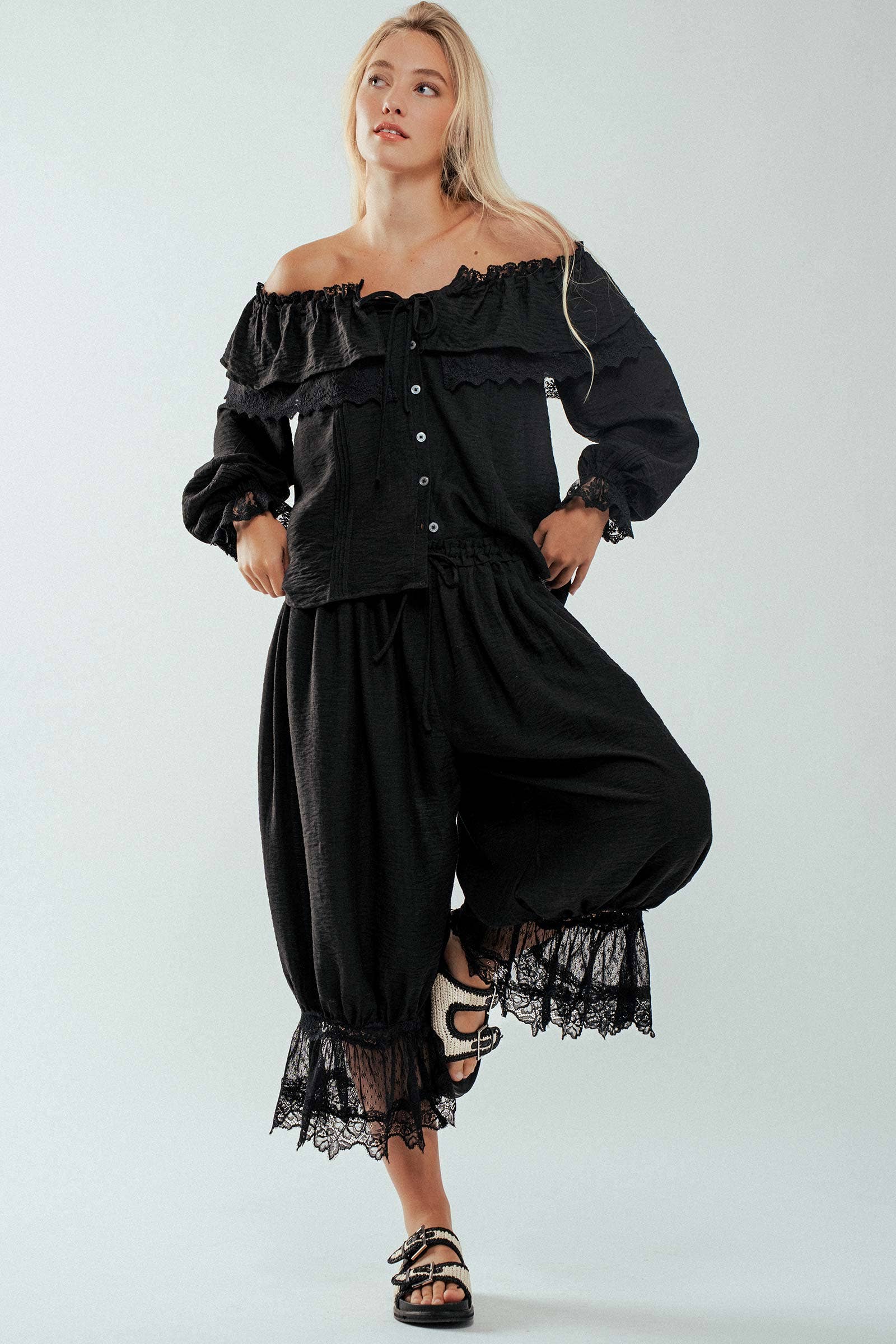 Lace Trim Ruffle Tie Neck Spring Blouse Top
