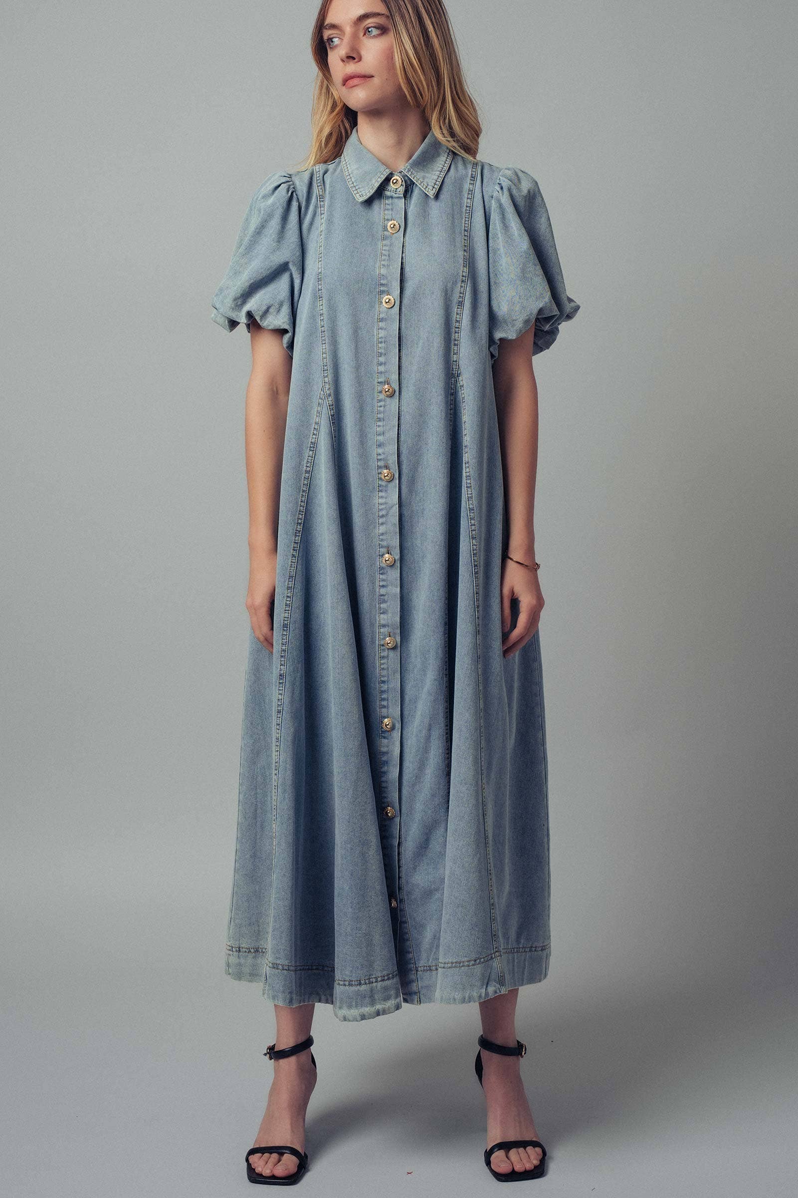 Urban Daizy Puff Sleeve A-Line Denim Maxi Dress Lt-Denim Dress - Women's (UDZ-DR-00392) – alternate view 9