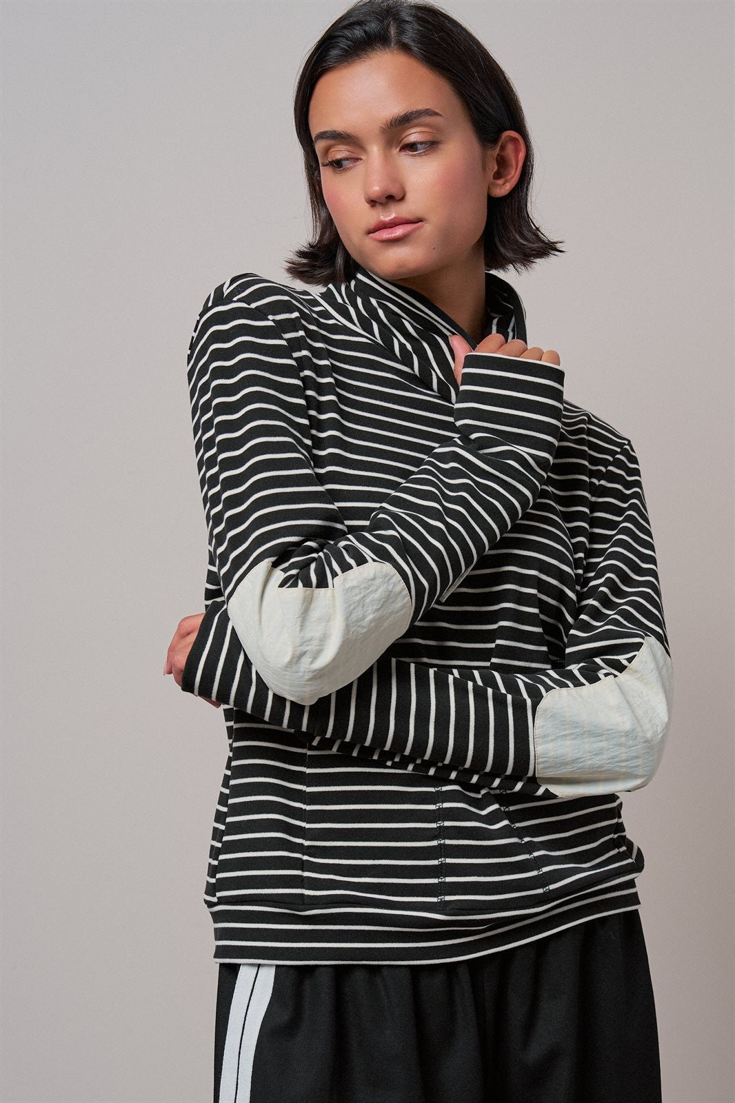 Striped Cowl Neck Drawstring Pullover Sweatshirt in BLACK - Women's Sweatshirts & Hoodies | Urban Daizy