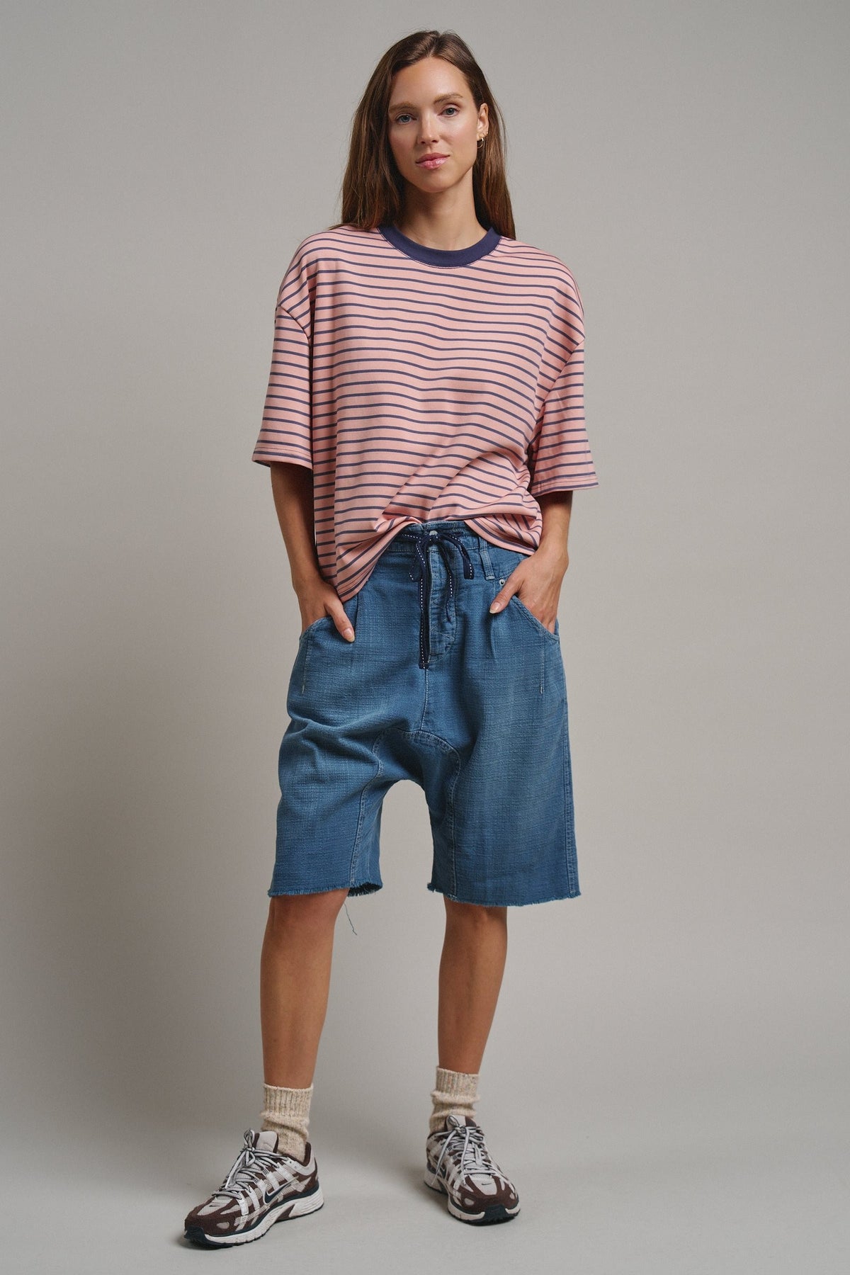 Oversized Striped Contrast Neck Boxy Tee