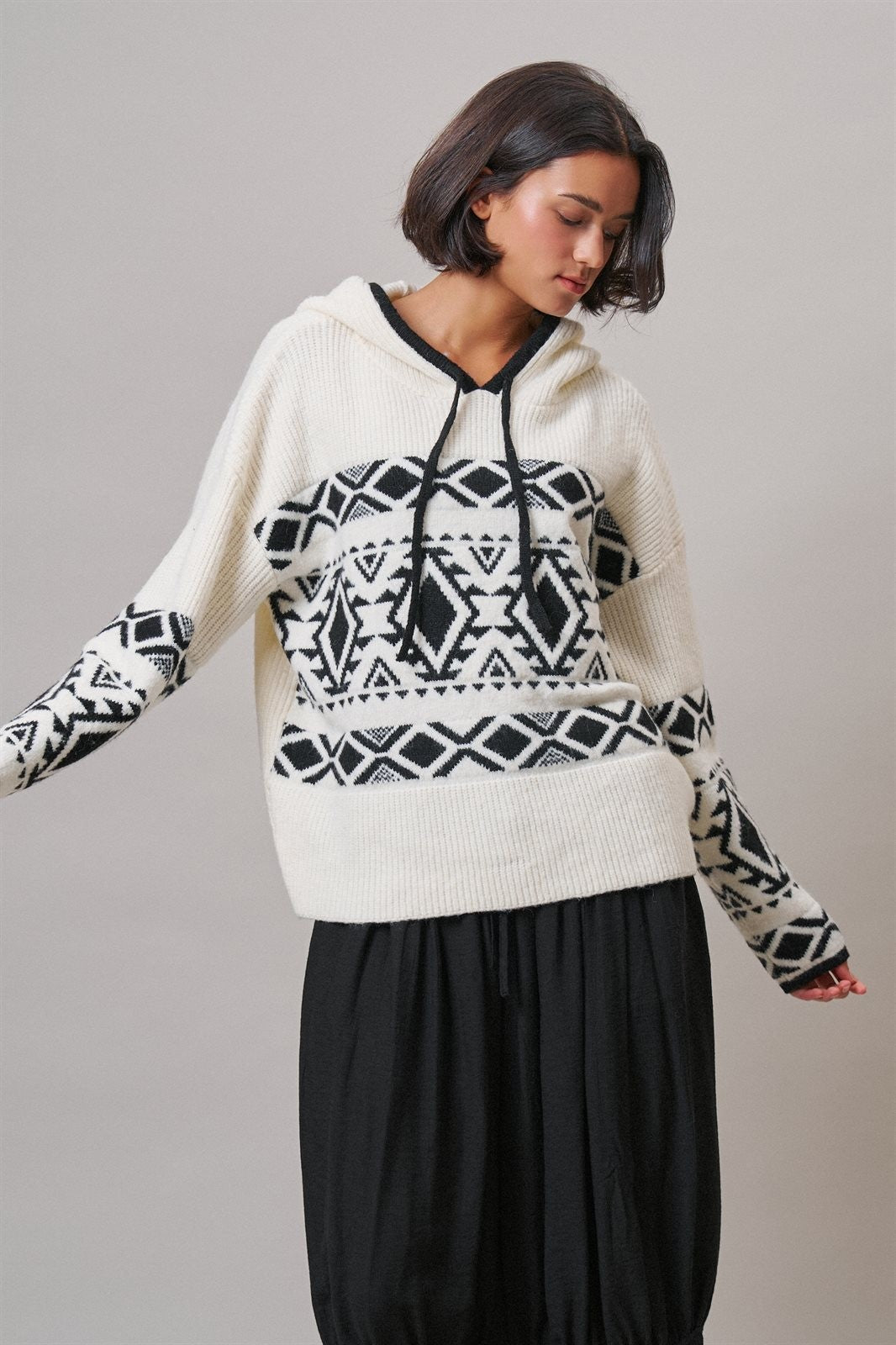 Nordic Fair Isle Hooded Sweater Wool Blend in IVORY BLACK - Women's Sweaters | Urban Daizy