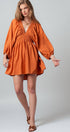 Urban Daizy Smocked V-Neck Balloon Sleeve Cotton Mini Dress Burnt-Orange Dress - Women's (UDZ-DR-00480) – alternate view 9