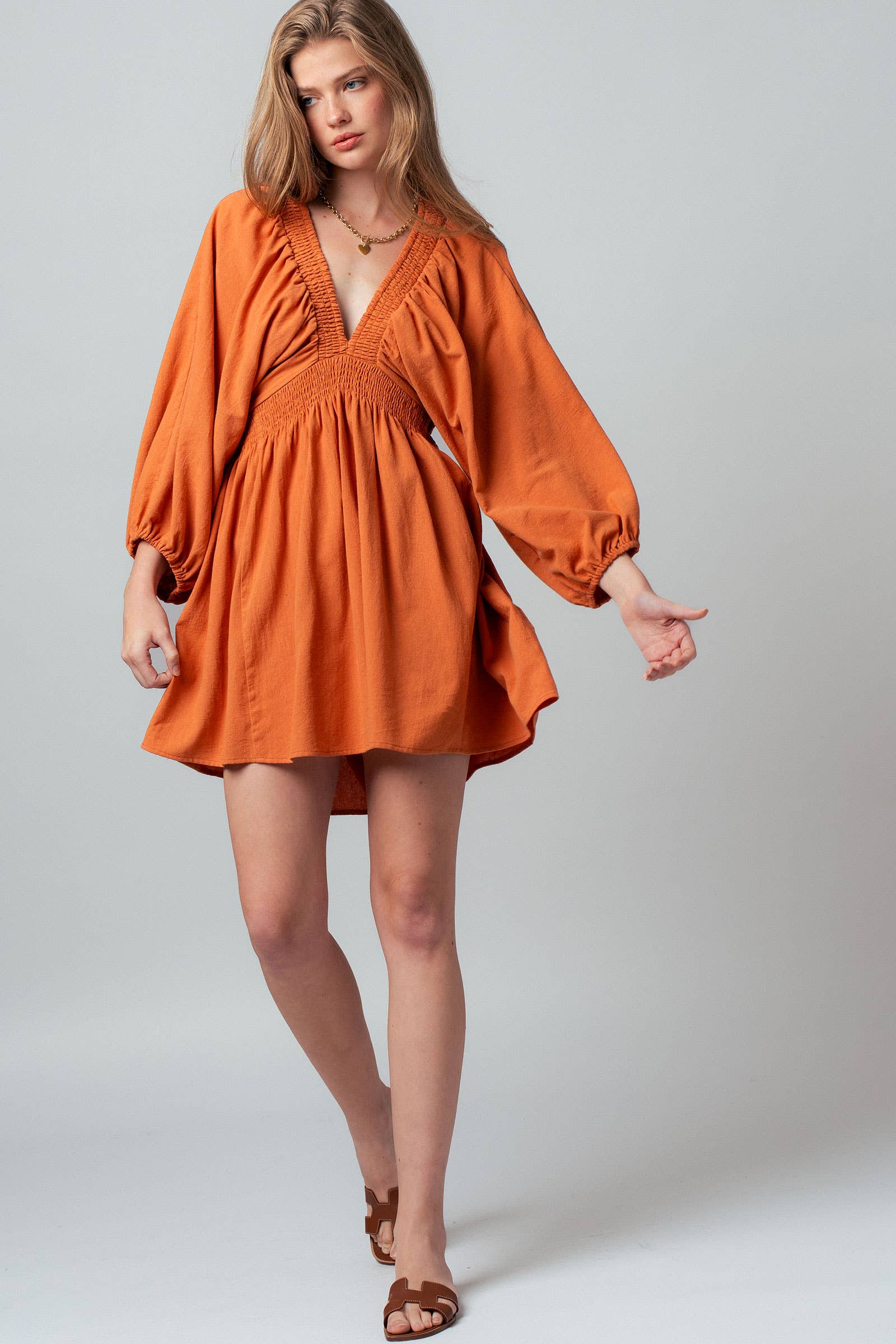 Urban Daizy Smocked V-Neck Balloon Sleeve Cotton Mini Dress Burnt-Orange Dress - Women's (UDZ-DR-00480) – alternate view 9