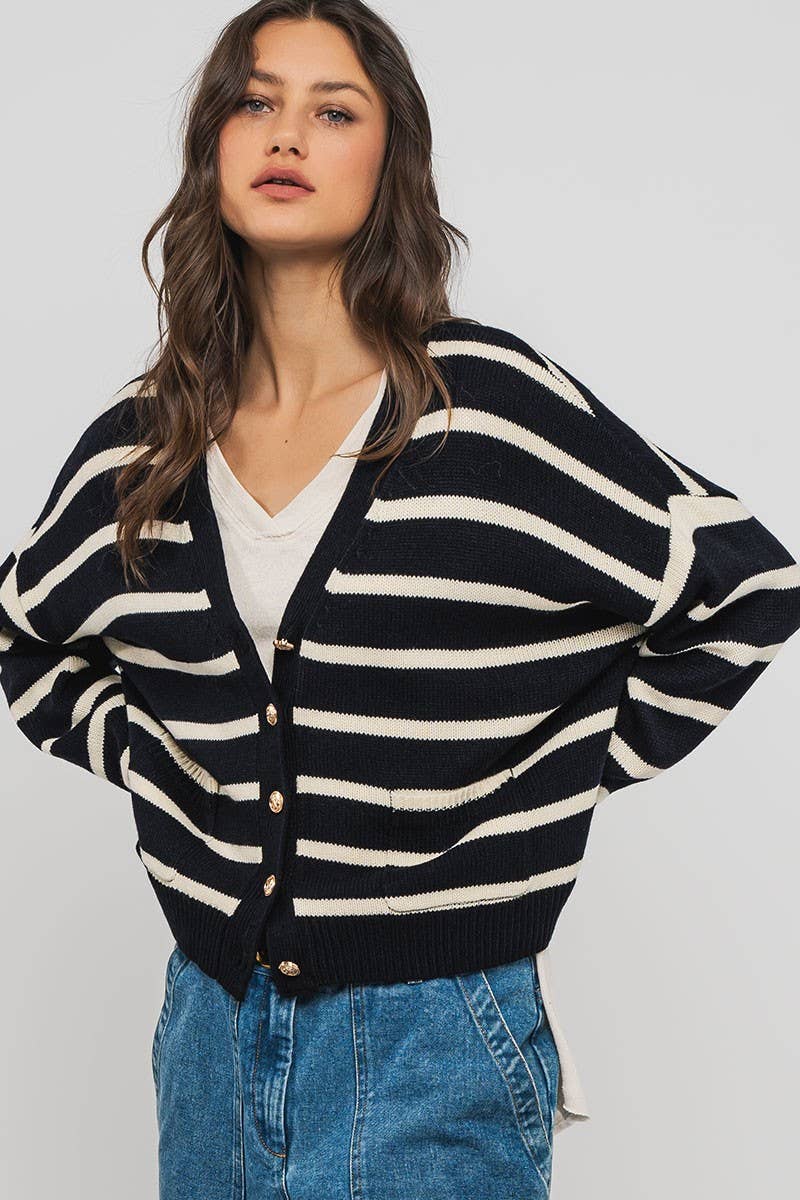 Urban Daizy Striped Cropped V Neck Embellished Button Cardigan Navy Ivory Cardigan - Women's (UDZ-KN-00501) – alternate…