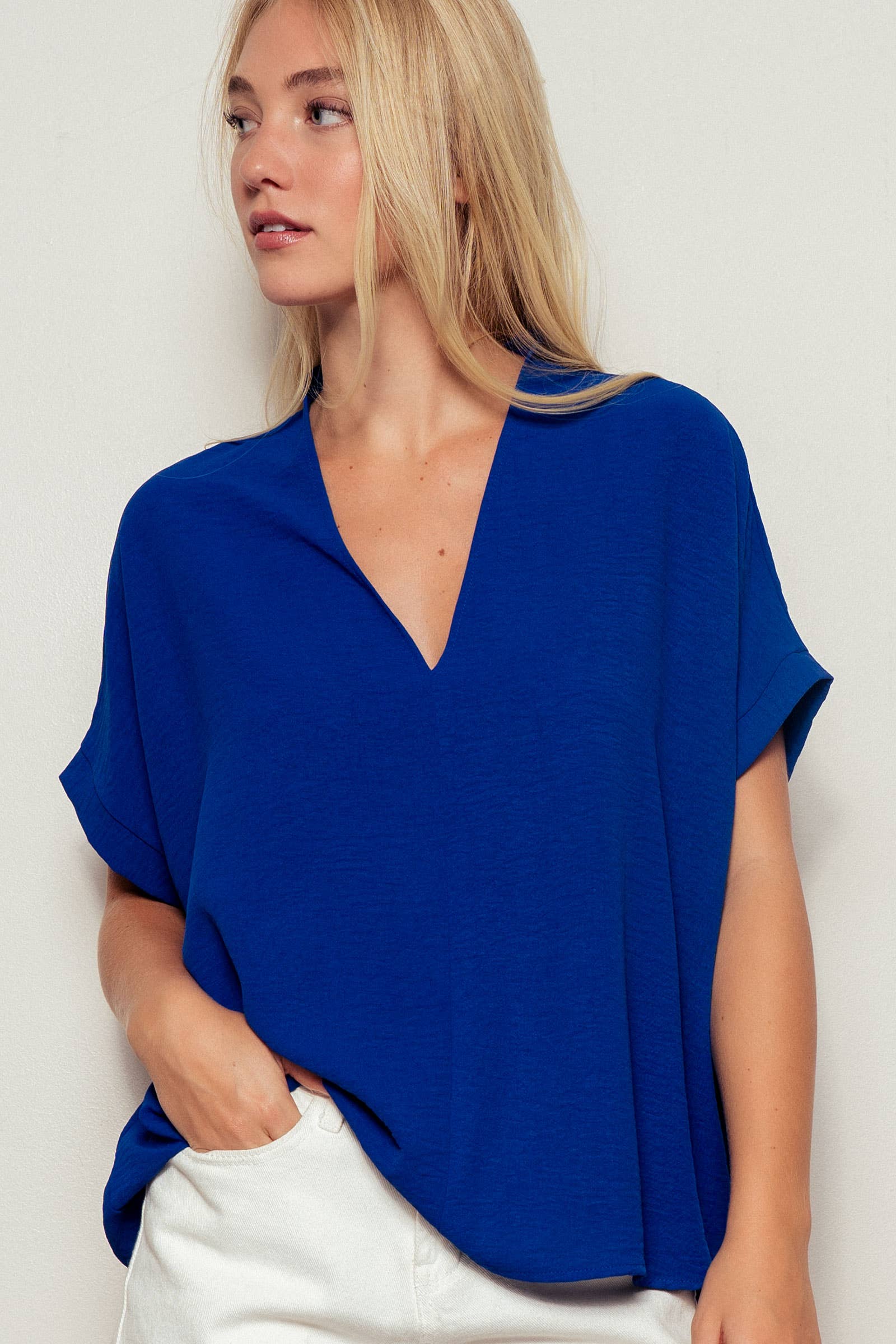 Urban Daizy Oversized V-Neck Folded Short Sleeve Top-GD Gd-Blue Blouse - Women's (UDZ-TP-00270) – alternate view 2