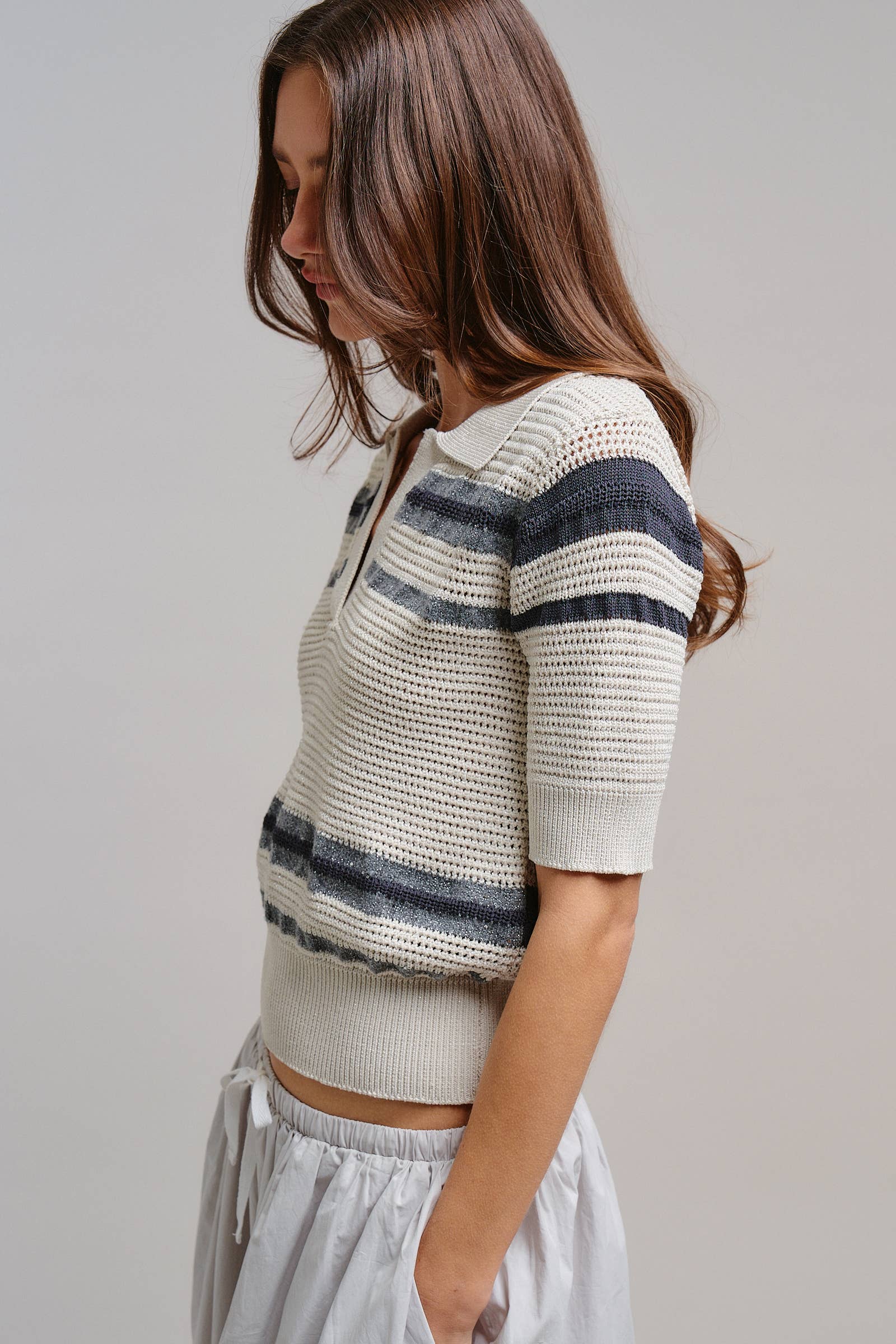 Retro Striped Open Knit V-Neck Polo