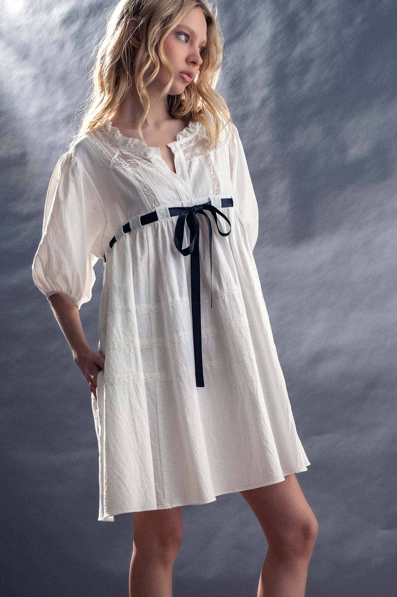 Urban Daizy Square Neck Lace Trim Bow Detail Empire Waist Dress Ivory Dress - Women's (UDZ-DR-00332) – alternate view 3