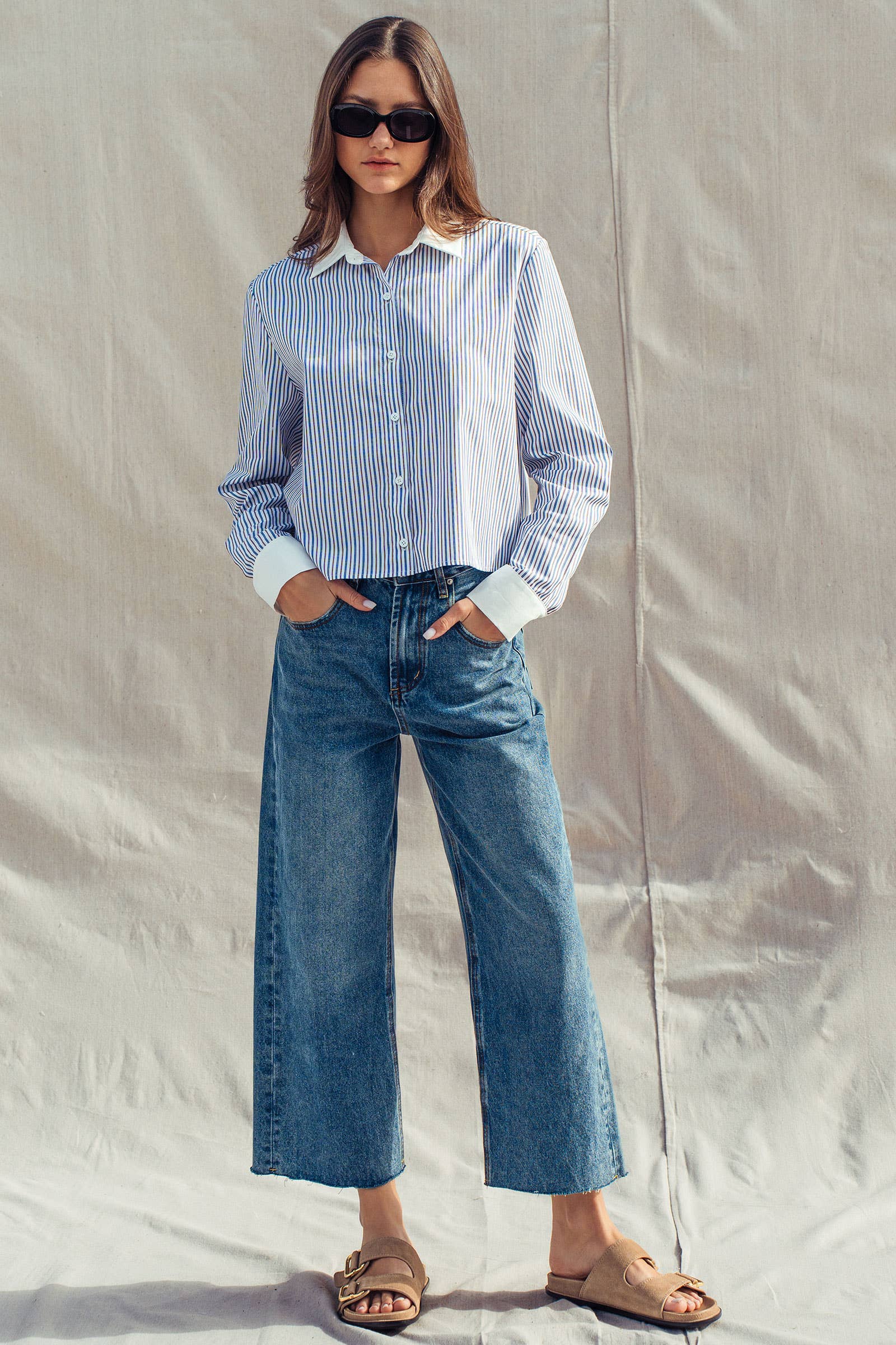 Stripe Contrast Collar Button Down Shirt
