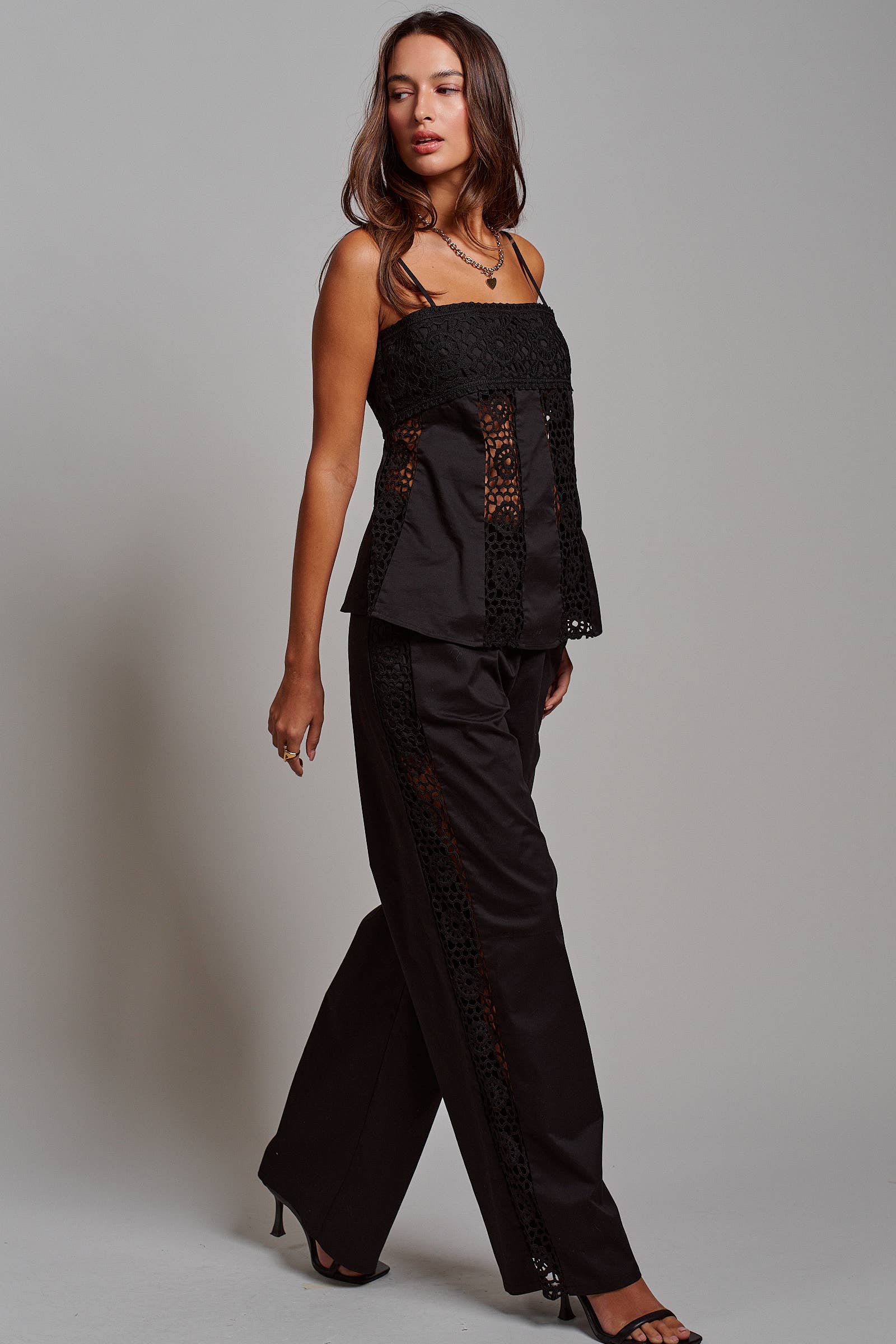 Cotton Eyelet Two-Piece Set Peplum Cami & Pants
