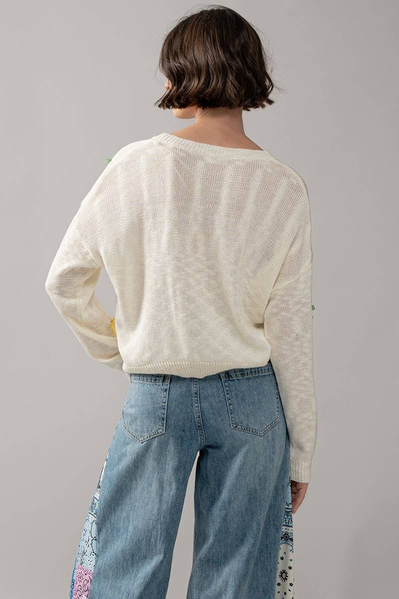 Urban Daizy Multicolor Gingham Bow Crew Neck Knit Sweater Ivory Knit Sweater - Women's (UDZ-KN-00057) – alternate view 3