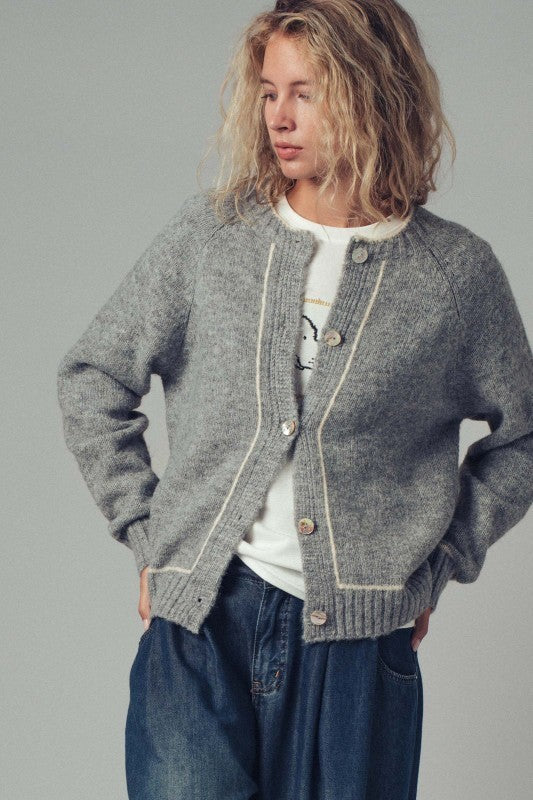 Wool Blend Sweater Cardigan with Statement Buttons in GREY - Women's Cardigans & Shrugs | Urban Daizy